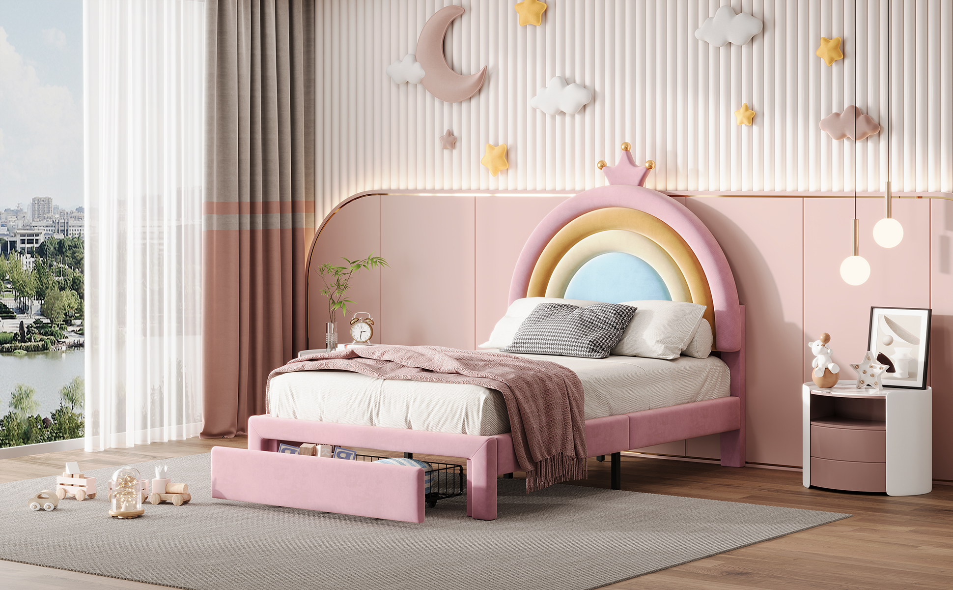Twin Size Upholstered Rainbow Design Bed, Velvet Princess Platform Bed with Storage Drawer, No Box-spring Needed,Colorful&Pink - Image 4