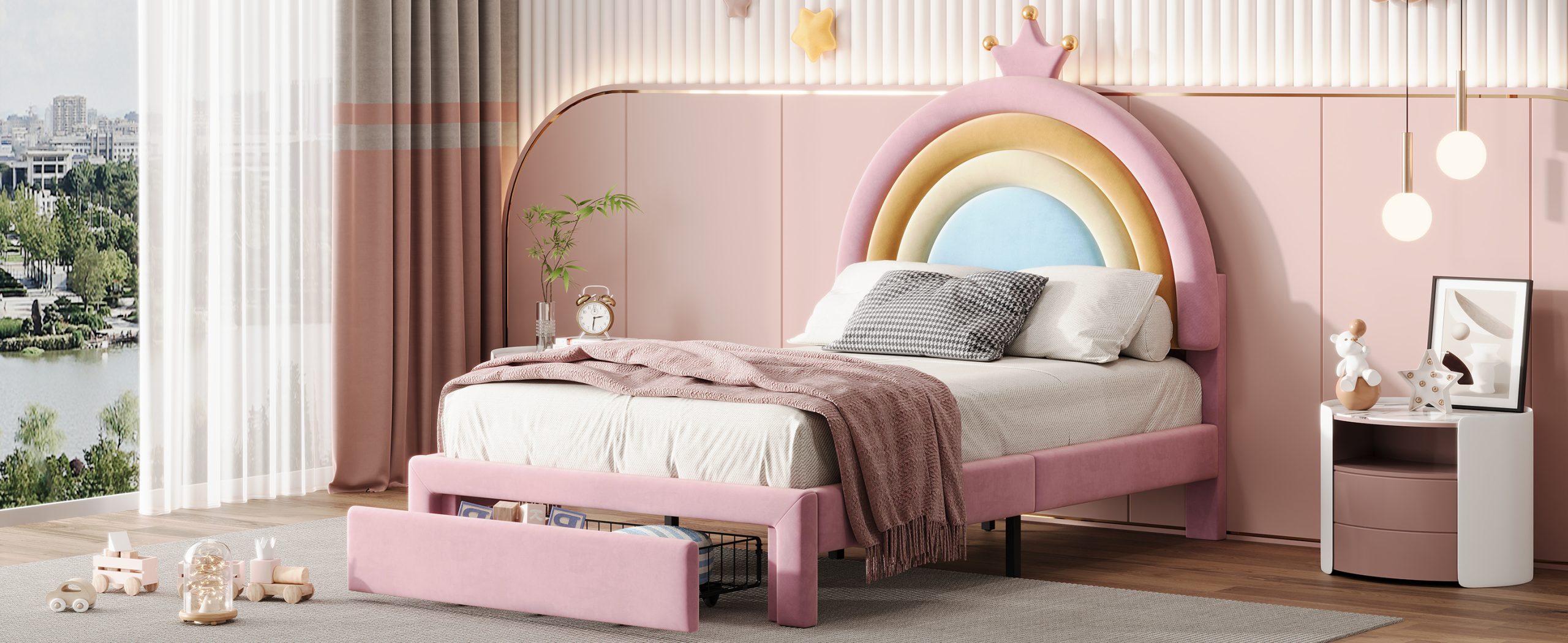 Twin Size Upholstered Rainbow Design Bed, Velvet Princess Platform Bed with Storage Drawer, No Box-spring Needed,Colorful&Pink - Image 6