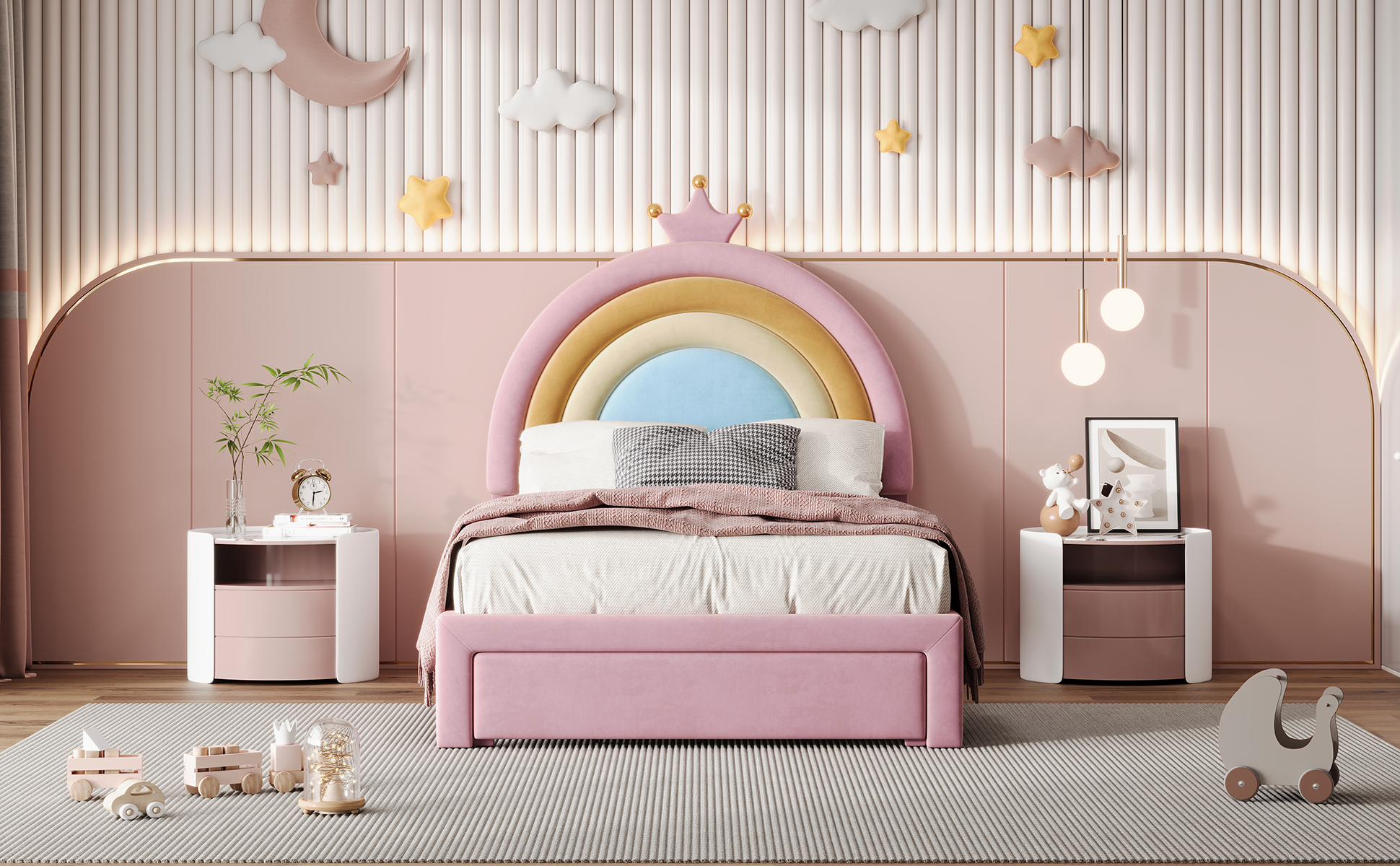 Twin Size Upholstered Rainbow Design Bed, Velvet Princess Platform Bed with Storage Drawer, No Box-spring Needed,Colorful&Pink - Image 5