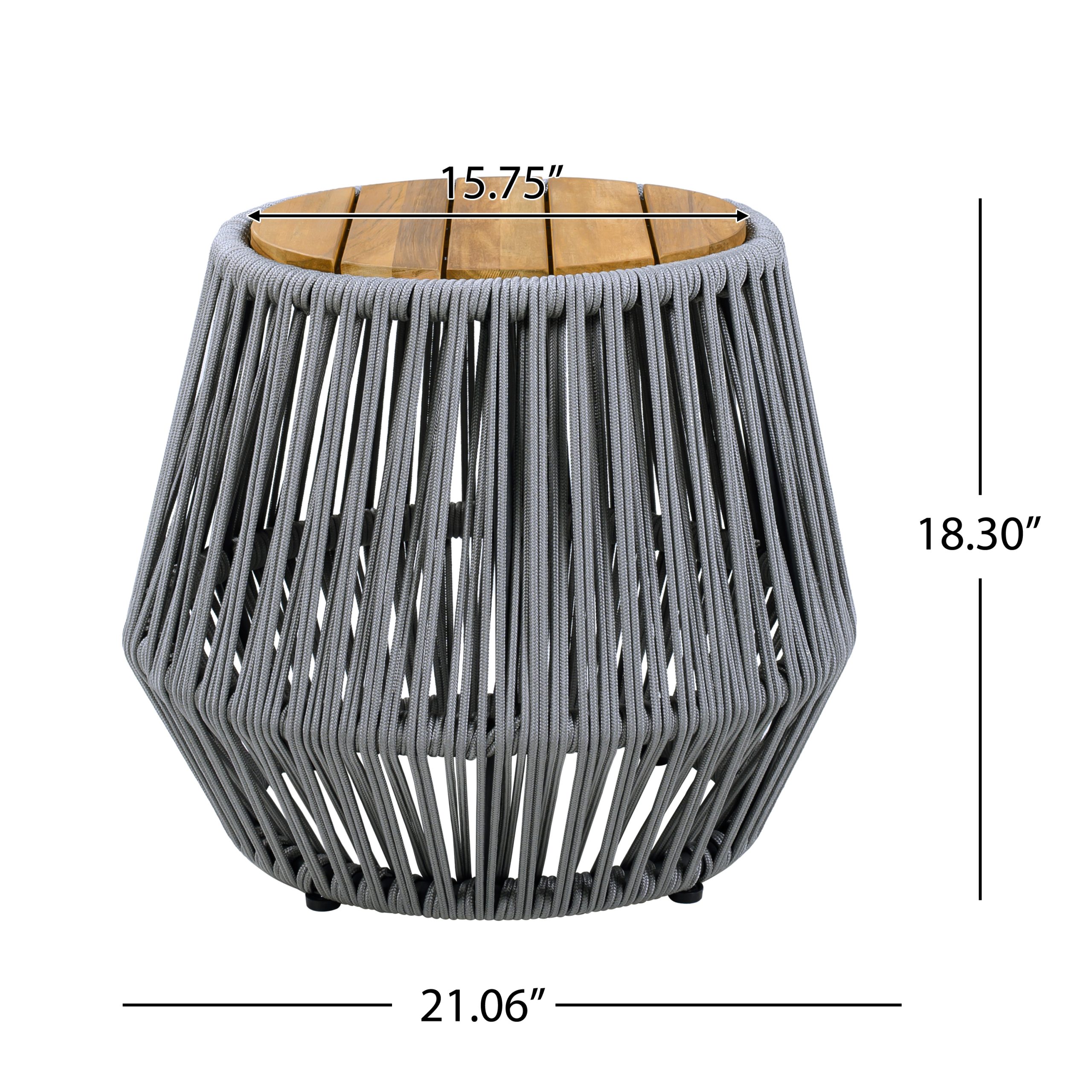 Acacia Wood Side Table with Grey Rope Base - Natural Teak Finish, Modern Coastal Accent for Patio, Garden, Balcony & Indoor Use - Image 2