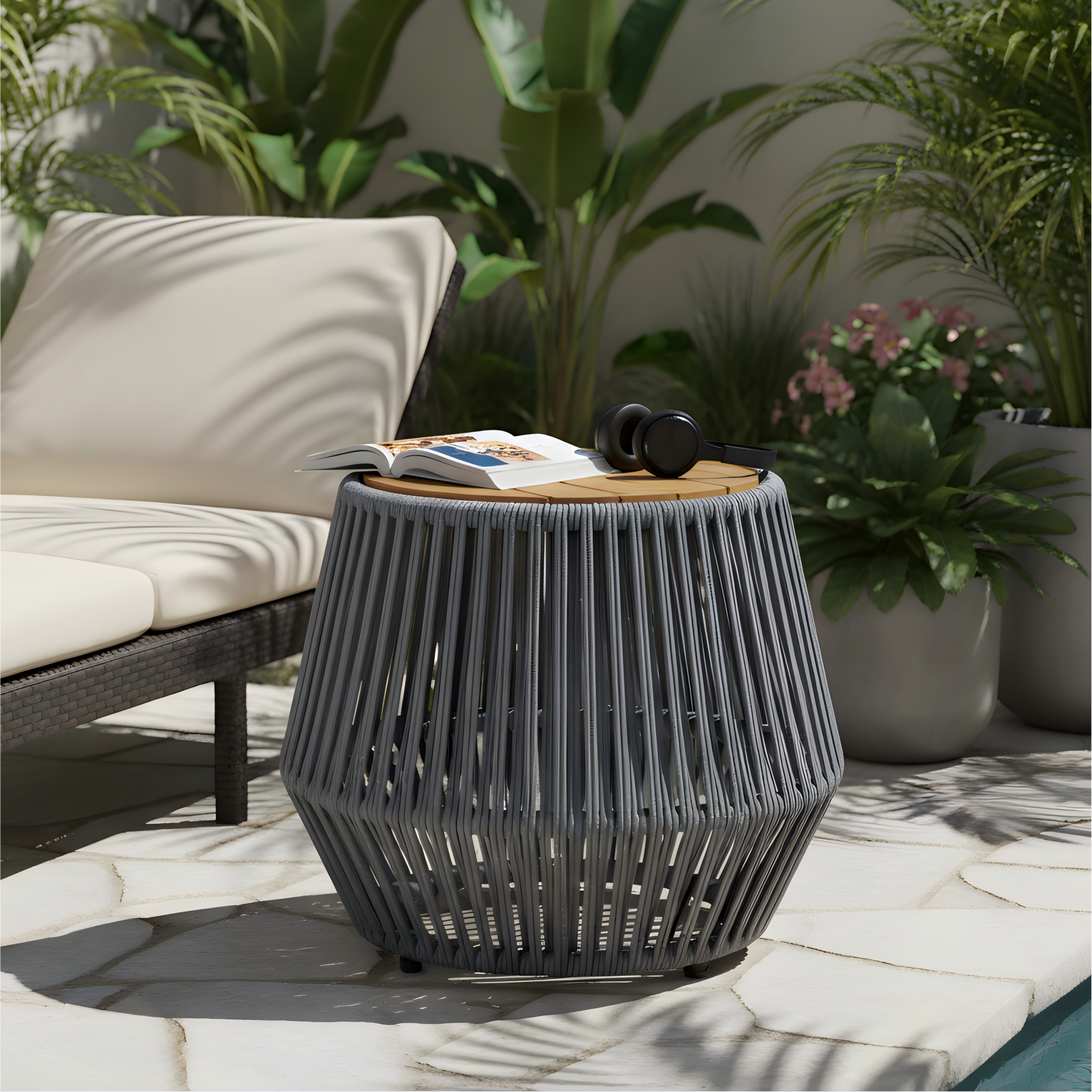 Acacia Wood Side Table with Grey Rope Base - Natural Teak Finish, Modern Coastal Accent for Patio, Garden, Balcony & Indoor Use - Image 3