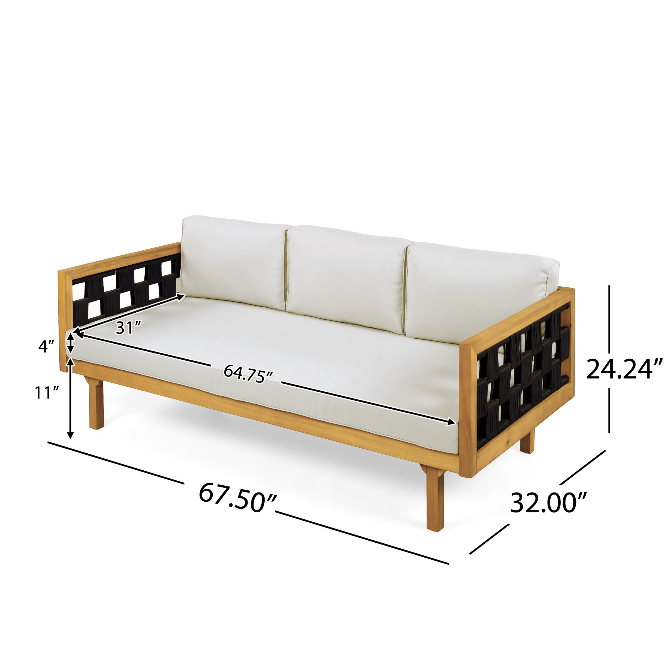 Three-Seater Outdoor Daybed - Acacia Wood Teak Finish Frame with Light Grey Cushions & Black Flat Rope, 67.5'' L x 32'' W x 24.24'' H Patio Lounge Sofa for Garden Deck Backyard - Image 2