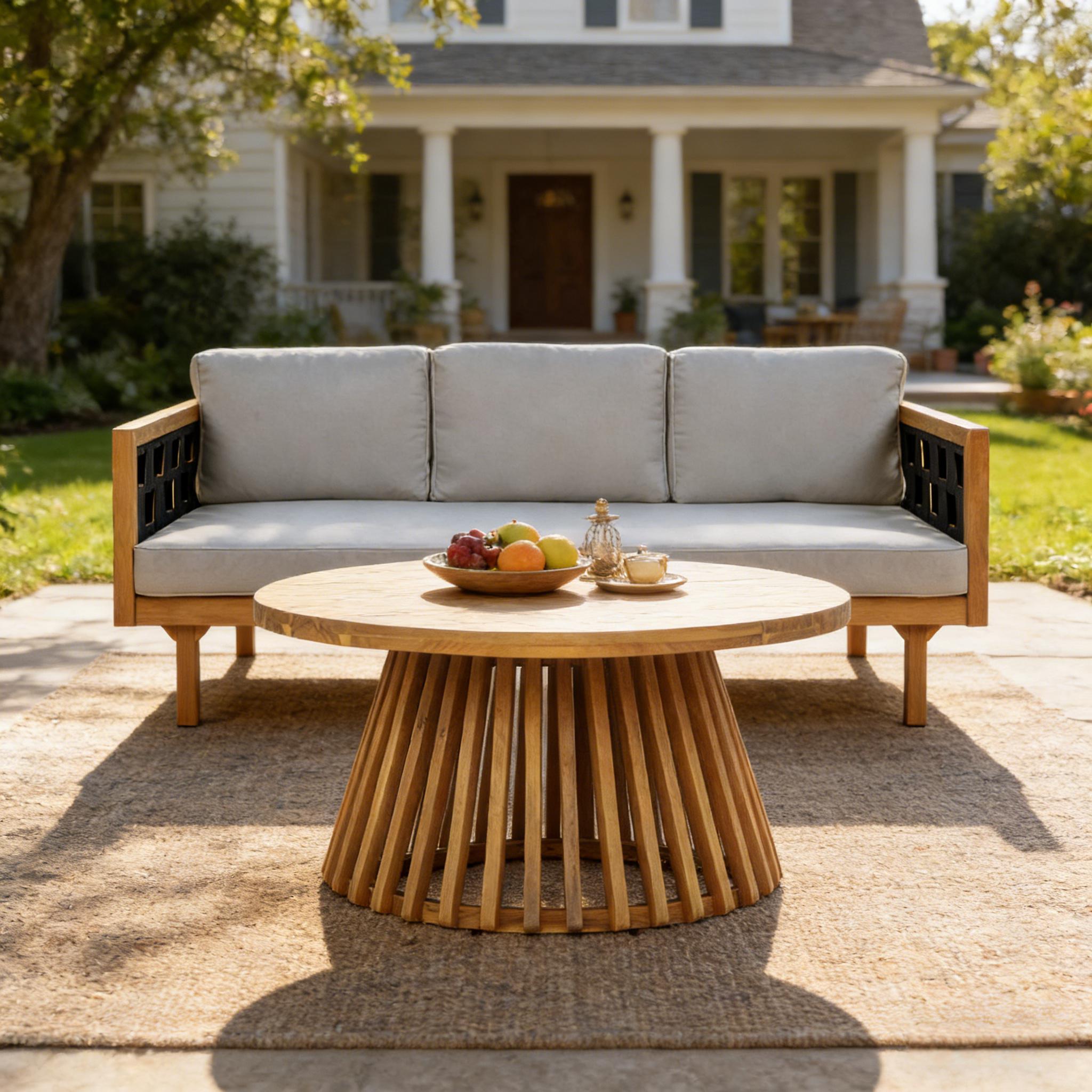 Luxury Acacia Wood Outdoor Daybed Set - Three-Seater Daybed with Light Grey Cushions & Black Rope, Teak Finish, Includes Round Acacia Wood Side Table, Perfect for Patio, Balcony, Garden - Image 4