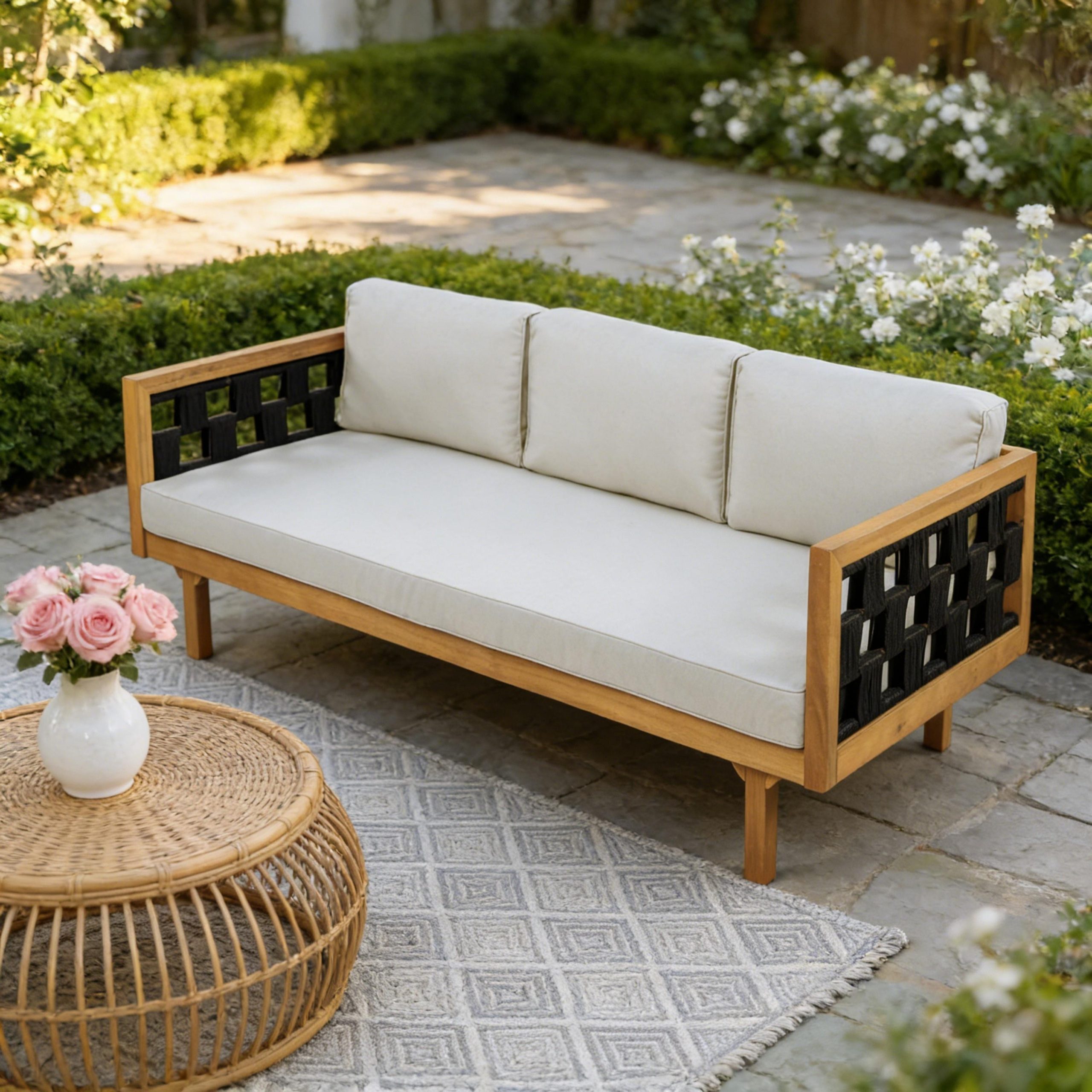 Three-Seater Outdoor Daybed - Acacia Wood Teak Finish Frame with Light Grey Cushions & Black Flat Rope, 67.5'' L x 32'' W x 24.24'' H Patio Lounge Sofa for Garden Deck Backyard - Image 3