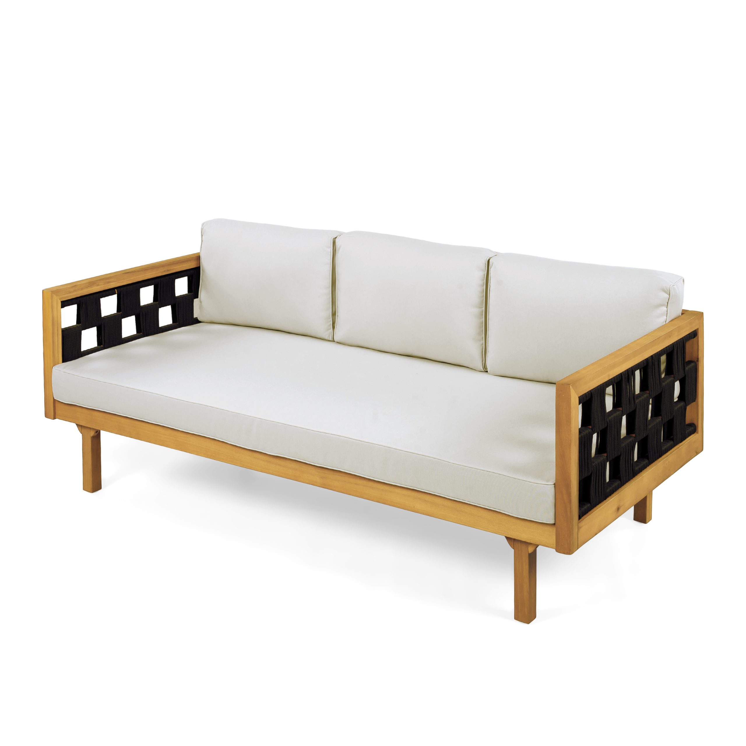 Three-Seater Outdoor Daybed - Acacia Wood Teak Finish Frame with Light Grey Cushions & Black Flat Rope, 67.5'' L x 32'' W x 24.24'' H Patio Lounge Sofa for Garden Deck Backyard - Image 4