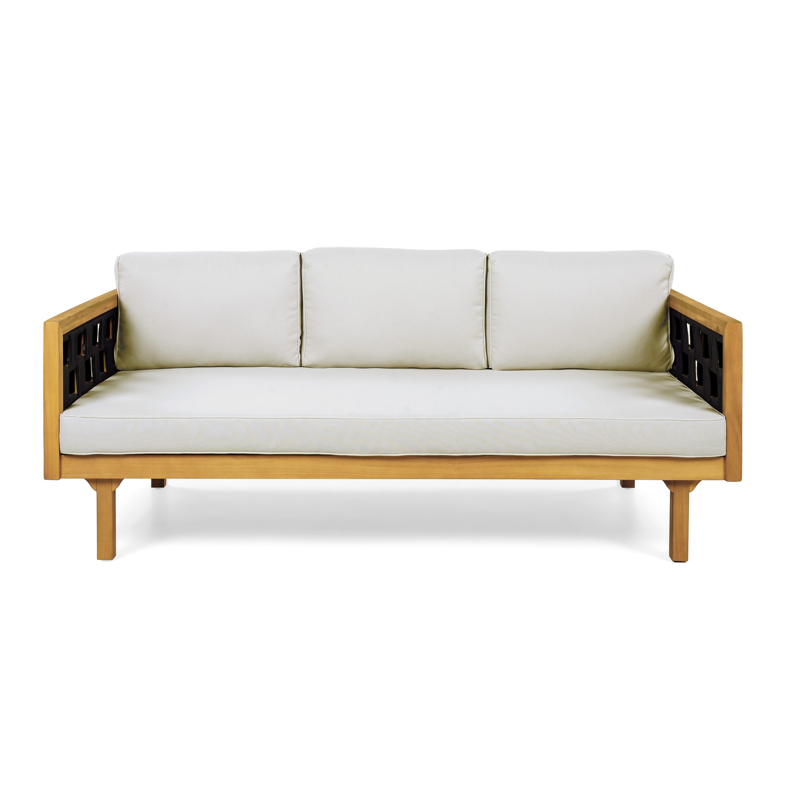 Three-Seater Outdoor Daybed - Acacia Wood Teak Finish Frame with Light Grey Cushions & Black Flat Rope, 67.5'' L x 32'' W x 24.24'' H Patio Lounge Sofa for Garden Deck Backyard - Image 5