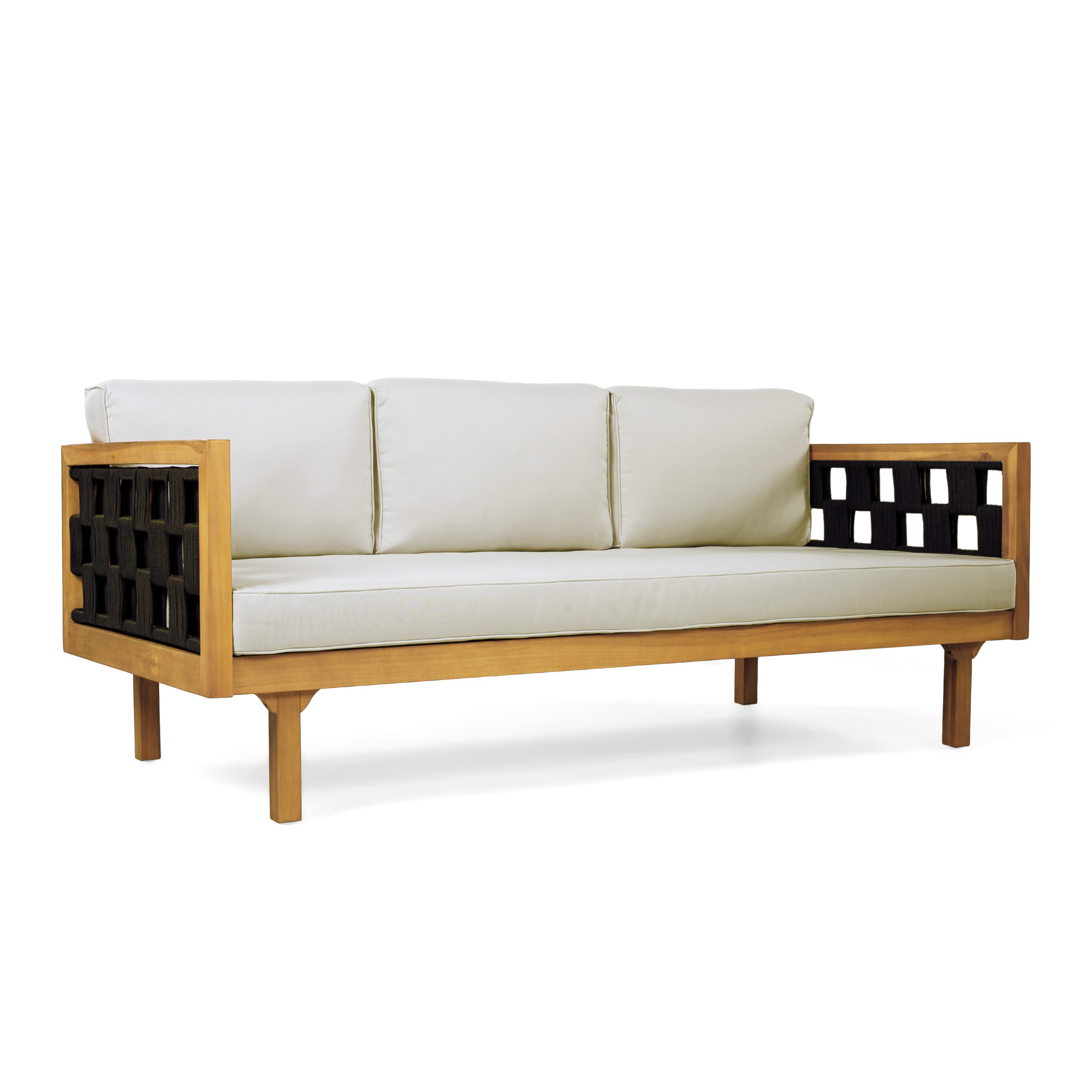 Three-Seater Outdoor Daybed - Acacia Wood Teak Finish Frame with Light Grey Cushions & Black Flat Rope, 67.5'' L x 32'' W x 24.24'' H Patio Lounge Sofa for Garden Deck Backyard - Image 6