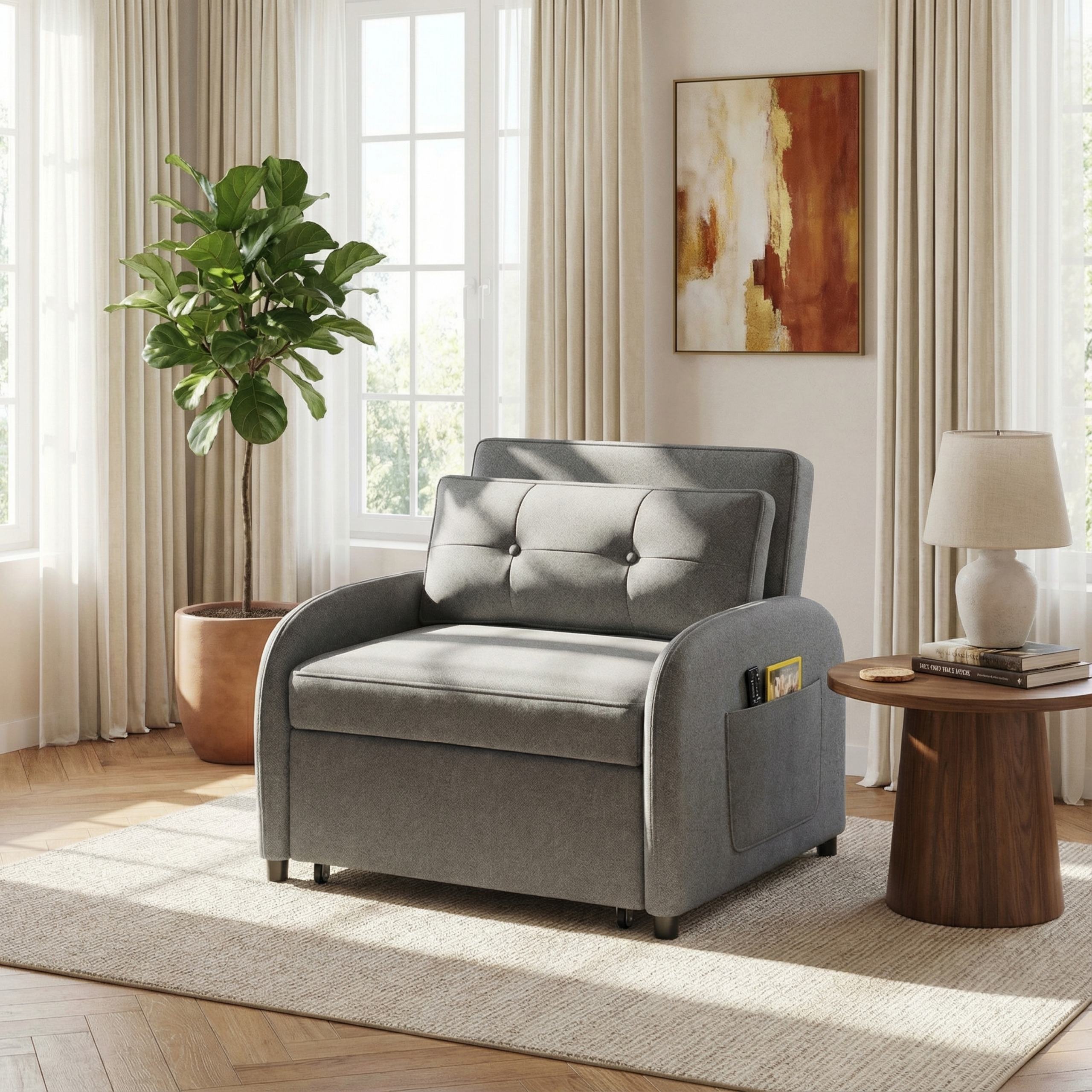 (Old SKU:N765P23314749G)3-in-1 Convertible Sleeper Sofa Bed with Pillow & Pocket, Loveseat Sleeper Chair in Soft Cotton Linen, for Living Room, Bedroom, Study, Apartment, Grey - Image 2