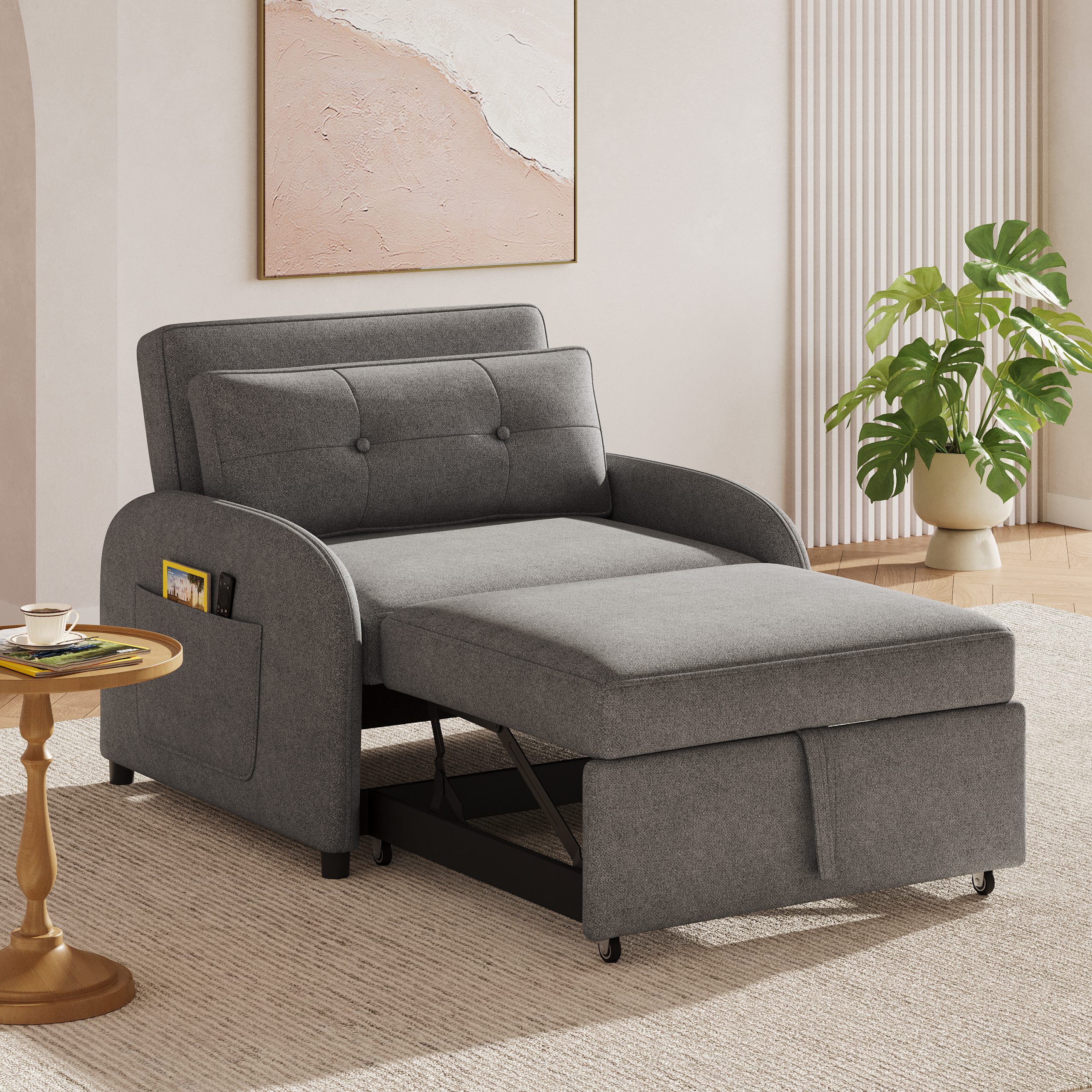 (Old SKU:N765P23314749G)3-in-1 Convertible Sleeper Sofa Bed with Pillow & Pocket, Loveseat Sleeper Chair in Soft Cotton Linen, for Living Room, Bedroom, Study, Apartment, Grey - Image 3