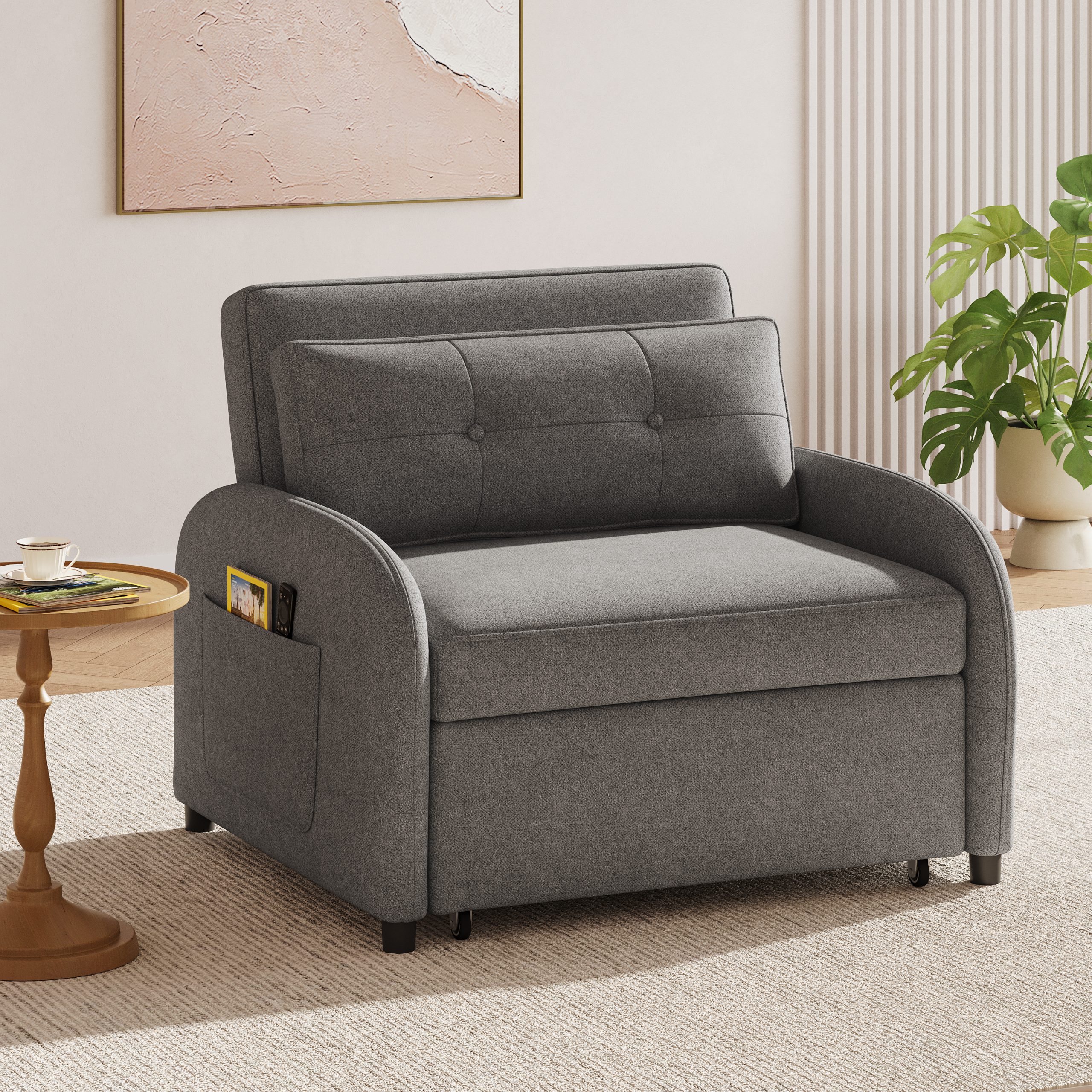 (Old SKU:N765P23314749G)3-in-1 Convertible Sleeper Sofa Bed with Pillow & Pocket, Loveseat Sleeper Chair in Soft Cotton Linen, for Living Room, Bedroom, Study, Apartment, Grey - Image 4