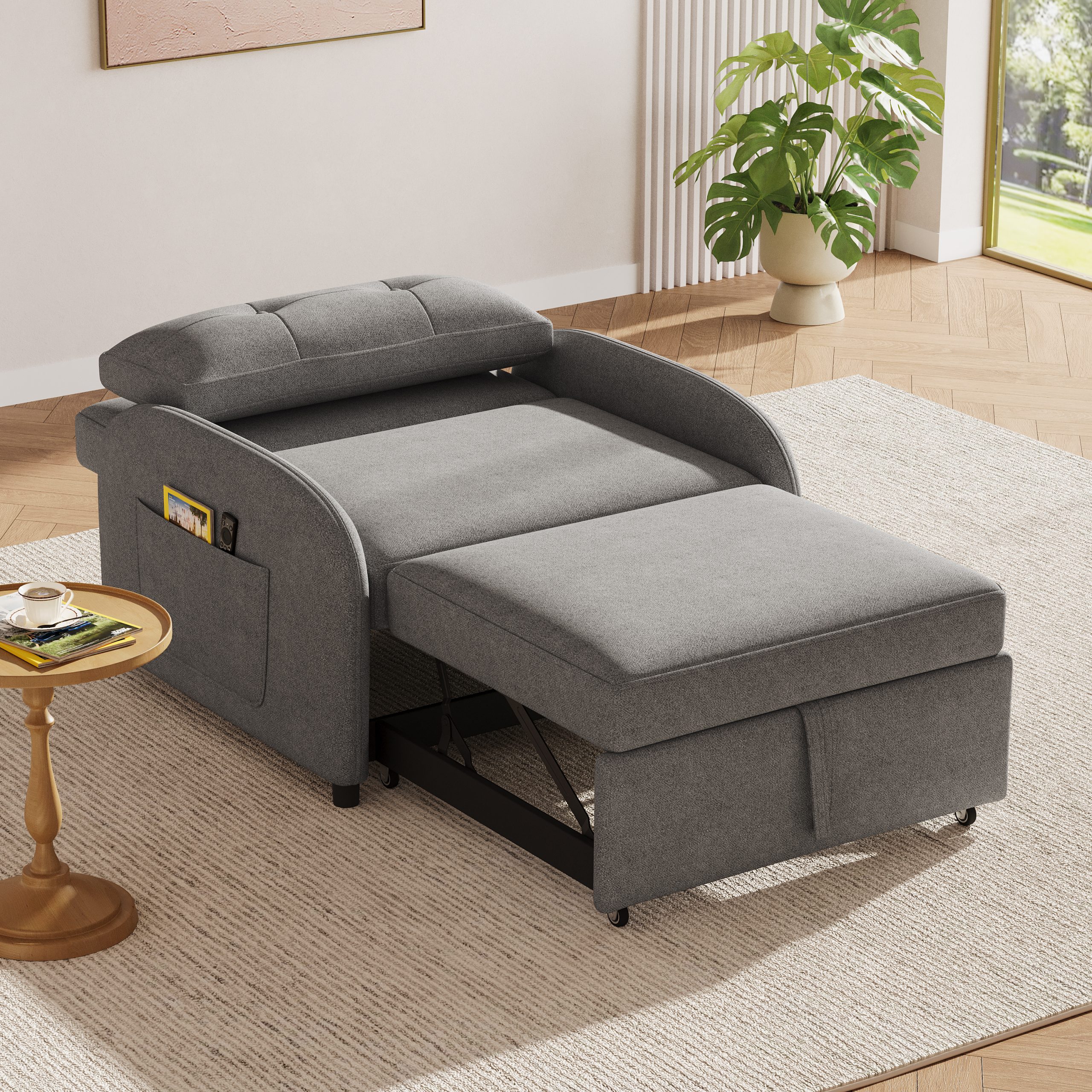(Old SKU:N765P23314749G)3-in-1 Convertible Sleeper Sofa Bed with Pillow & Pocket, Loveseat Sleeper Chair in Soft Cotton Linen, for Living Room, Bedroom, Study, Apartment, Grey - Image 5