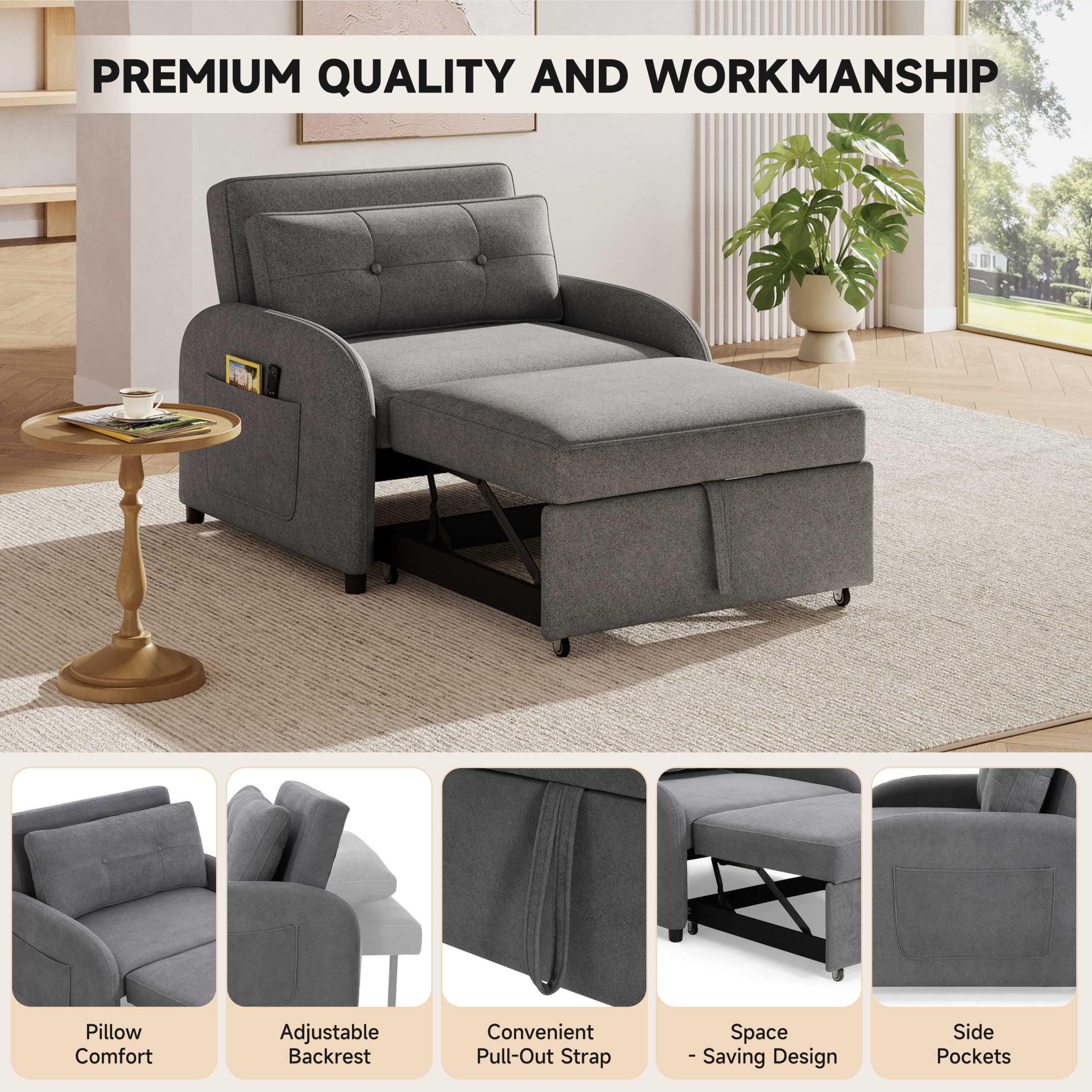 (Old SKU:N765P23314749G)3-in-1 Convertible Sleeper Sofa Bed with Pillow & Pocket, Loveseat Sleeper Chair in Soft Cotton Linen, for Living Room, Bedroom, Study, Apartment, Grey - Image 6