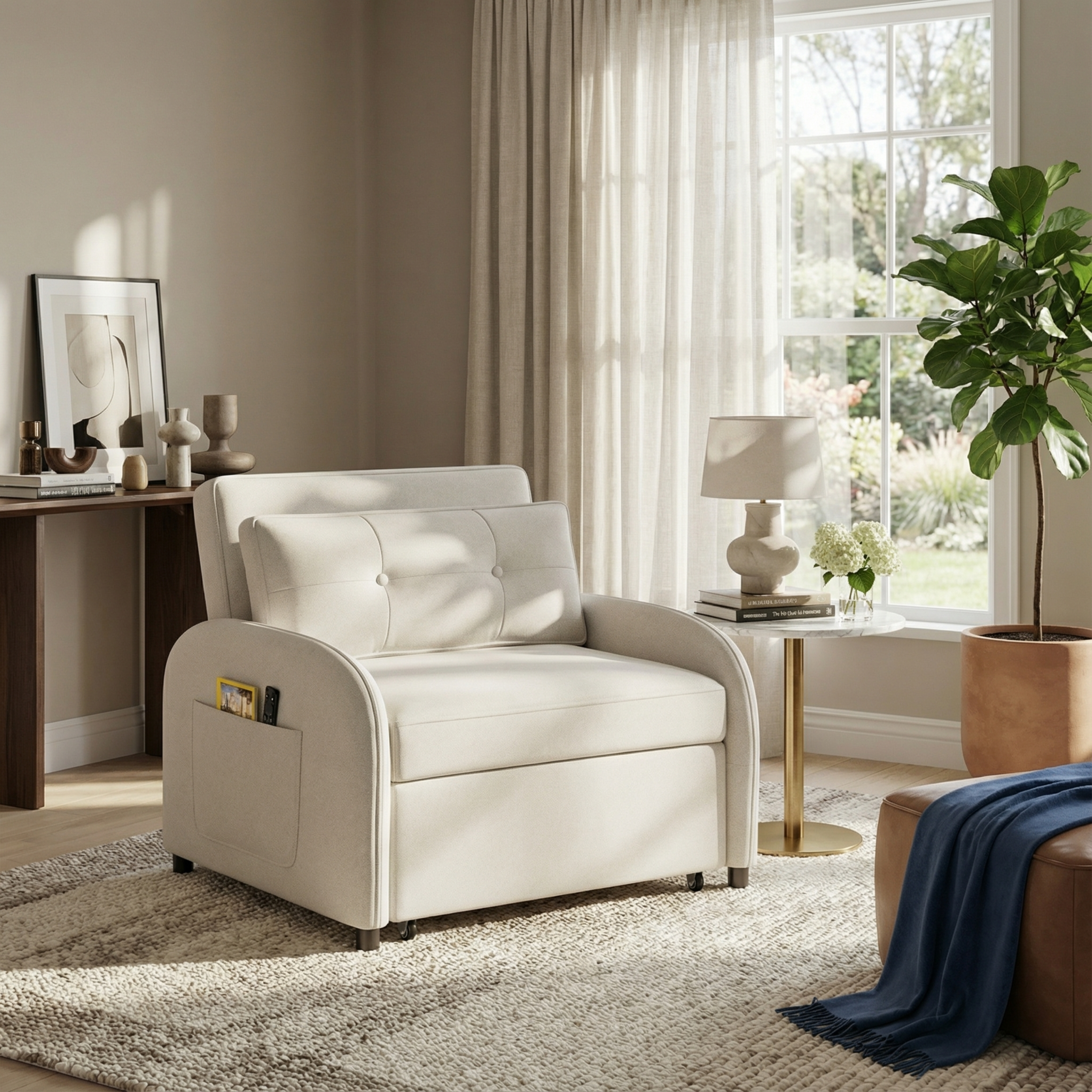 (Old SKU:N765P23314749W)3-in-1 Convertible Sleeper Sofa Bed with Pillow & Pocket, Loveseat Sleeper Chair in Soft Cotton Linen, for Living Room, Bedroom, Study, Apartment, Beige - Image 2