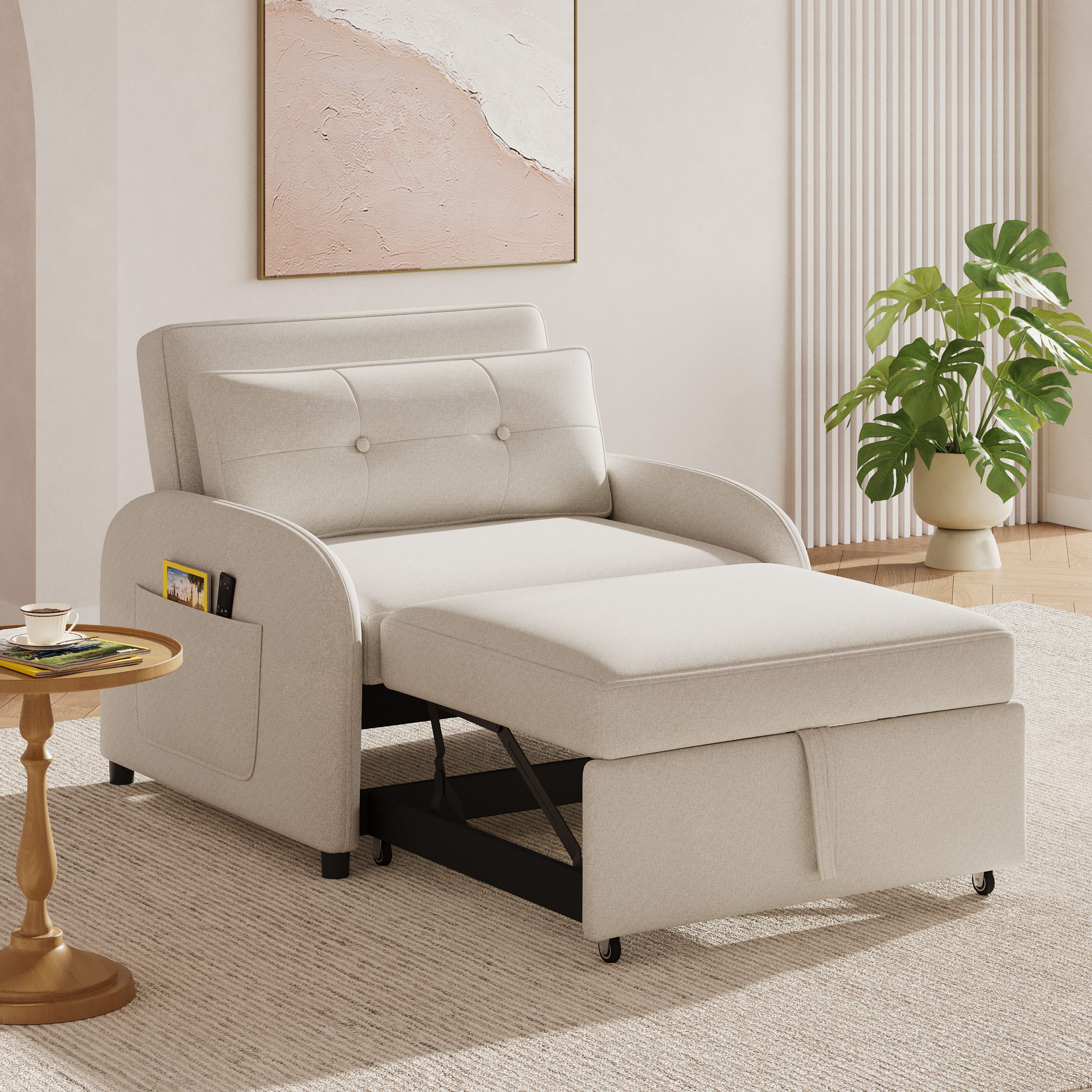 (Old SKU:N765P23314749W)3-in-1 Convertible Sleeper Sofa Bed with Pillow & Pocket, Loveseat Sleeper Chair in Soft Cotton Linen, for Living Room, Bedroom, Study, Apartment, Beige - Image 3