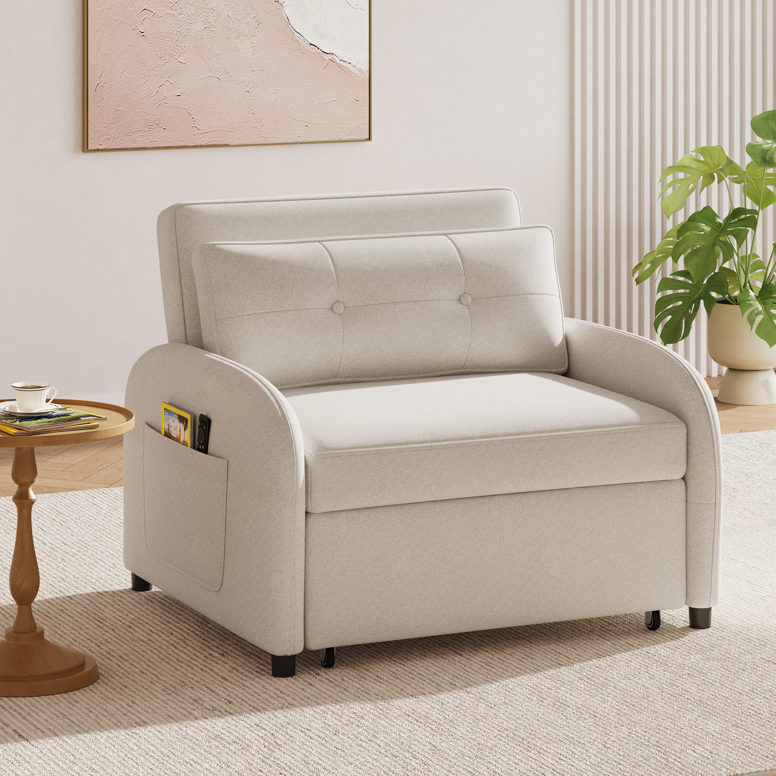 (Old SKU:N765P23314749W)3-in-1 Convertible Sleeper Sofa Bed with Pillow & Pocket, Loveseat Sleeper Chair in Soft Cotton Linen, for Living Room, Bedroom, Study, Apartment, Beige - Image 4