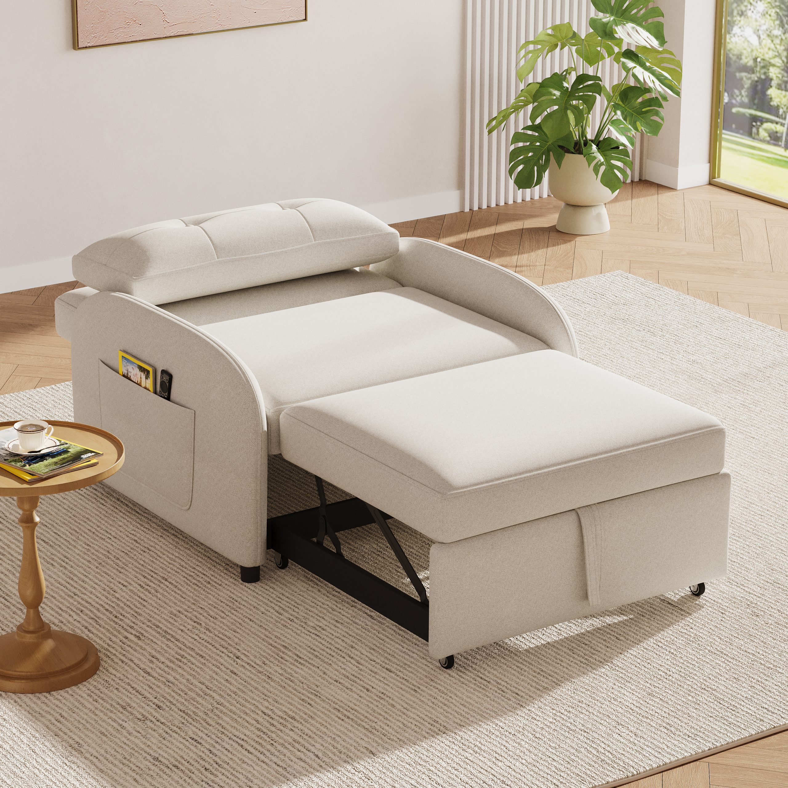 (Old SKU:N765P23314749W)3-in-1 Convertible Sleeper Sofa Bed with Pillow & Pocket, Loveseat Sleeper Chair in Soft Cotton Linen, for Living Room, Bedroom, Study, Apartment, Beige - Image 5