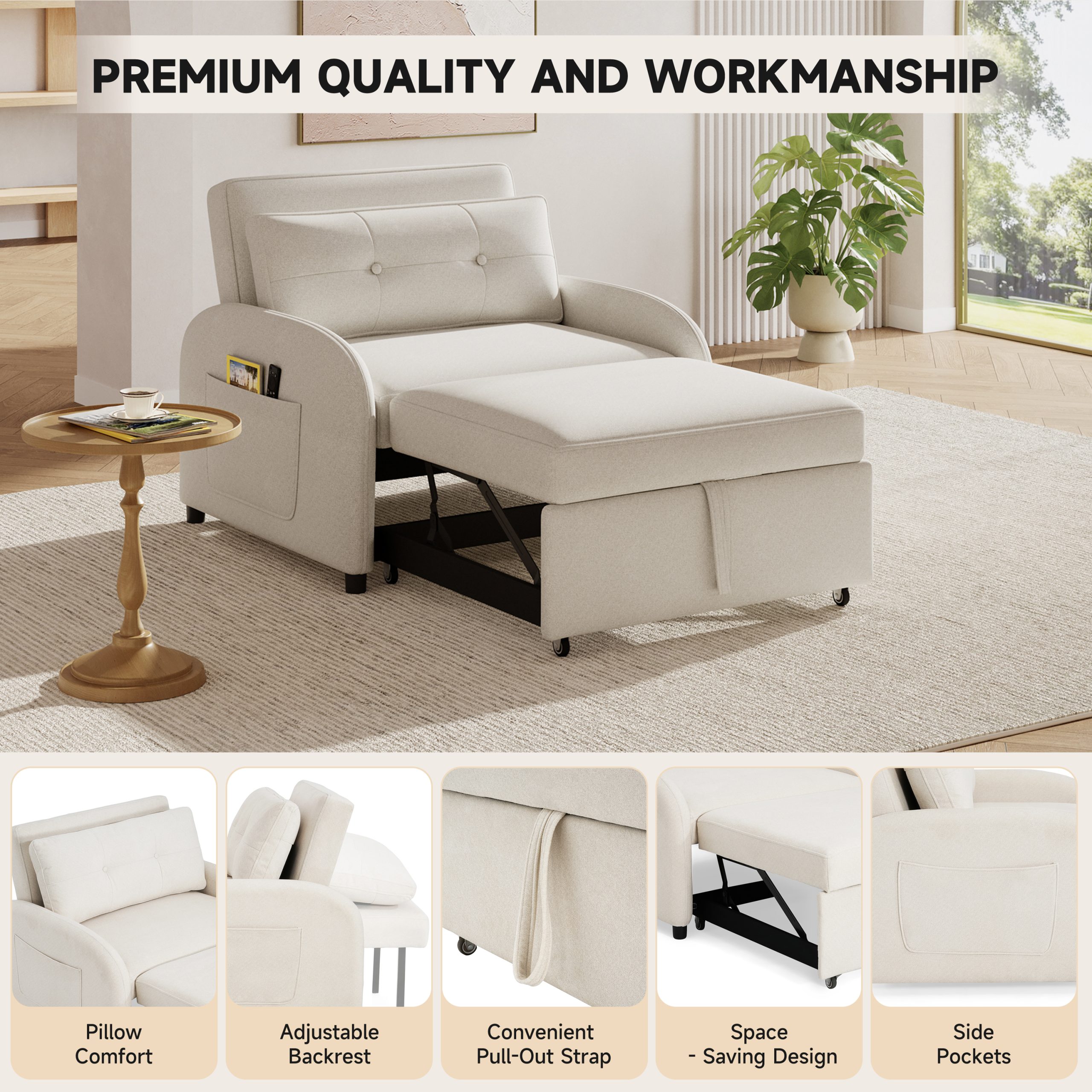 (Old SKU:N765P23314749W)3-in-1 Convertible Sleeper Sofa Bed with Pillow & Pocket, Loveseat Sleeper Chair in Soft Cotton Linen, for Living Room, Bedroom, Study, Apartment, Beige - Image 6