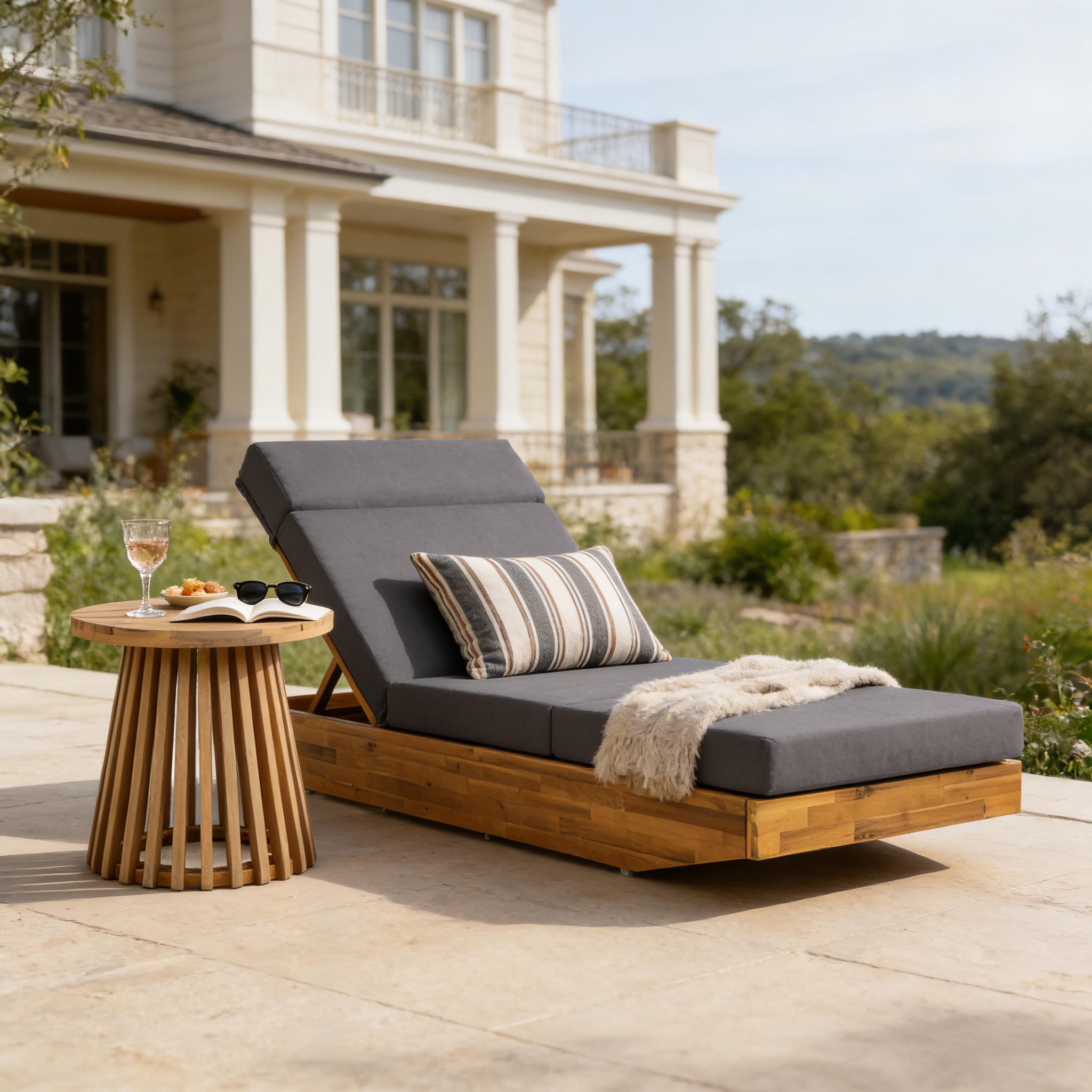 Modern Acacia Wood Outdoor Chaise Lounge with Dark Grey Water-Repellent Cushion & Integrated Headrest, Adjustable & Foldable Design for Patio, Poolside, Garden - Image 4
