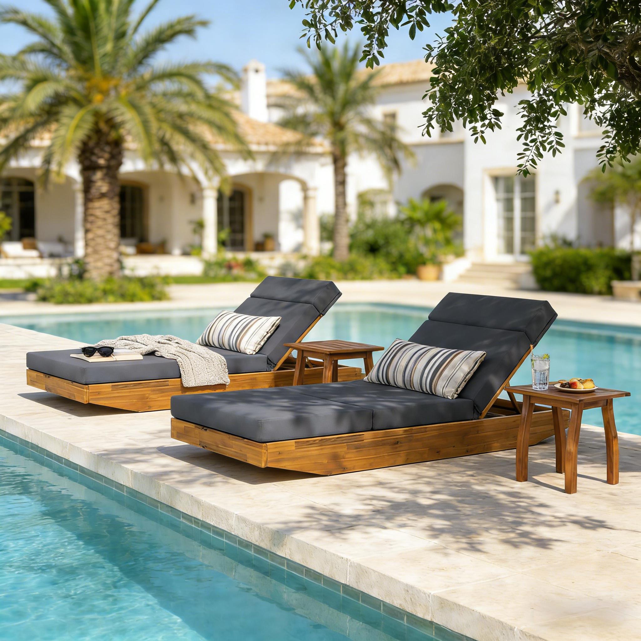 Modern Acacia Wood Outdoor Chaise Lounge with Dark Grey Water-Repellent Cushion & Integrated Headrest, Adjustable & Foldable Design for Patio, Poolside, Garden - Image 5