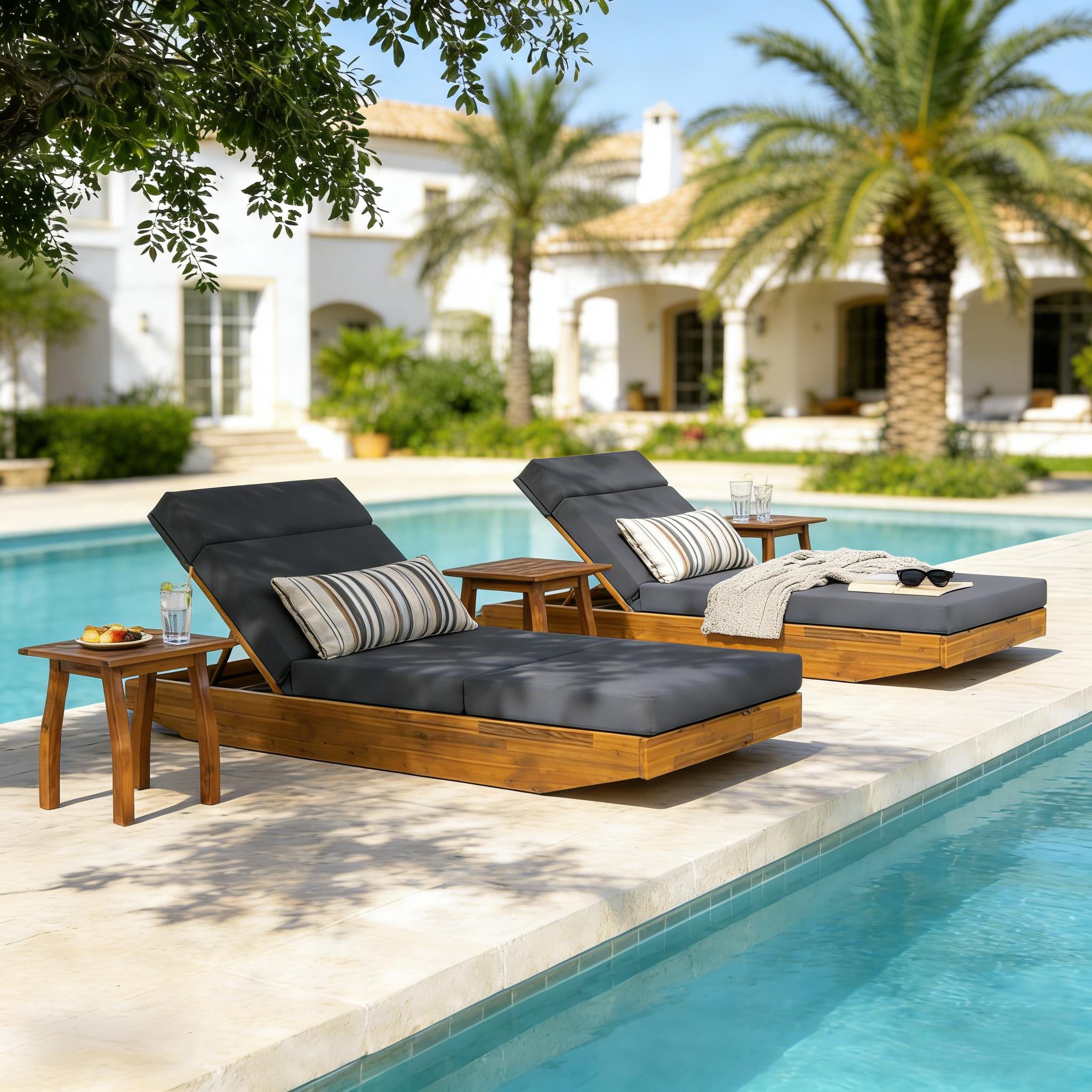 Modern Acacia Wood Outdoor Chaise Lounge with Dark Grey Water-Repellent Cushion & Integrated Headrest, Adjustable & Foldable Design for Patio, Poolside, Garden - Image 6