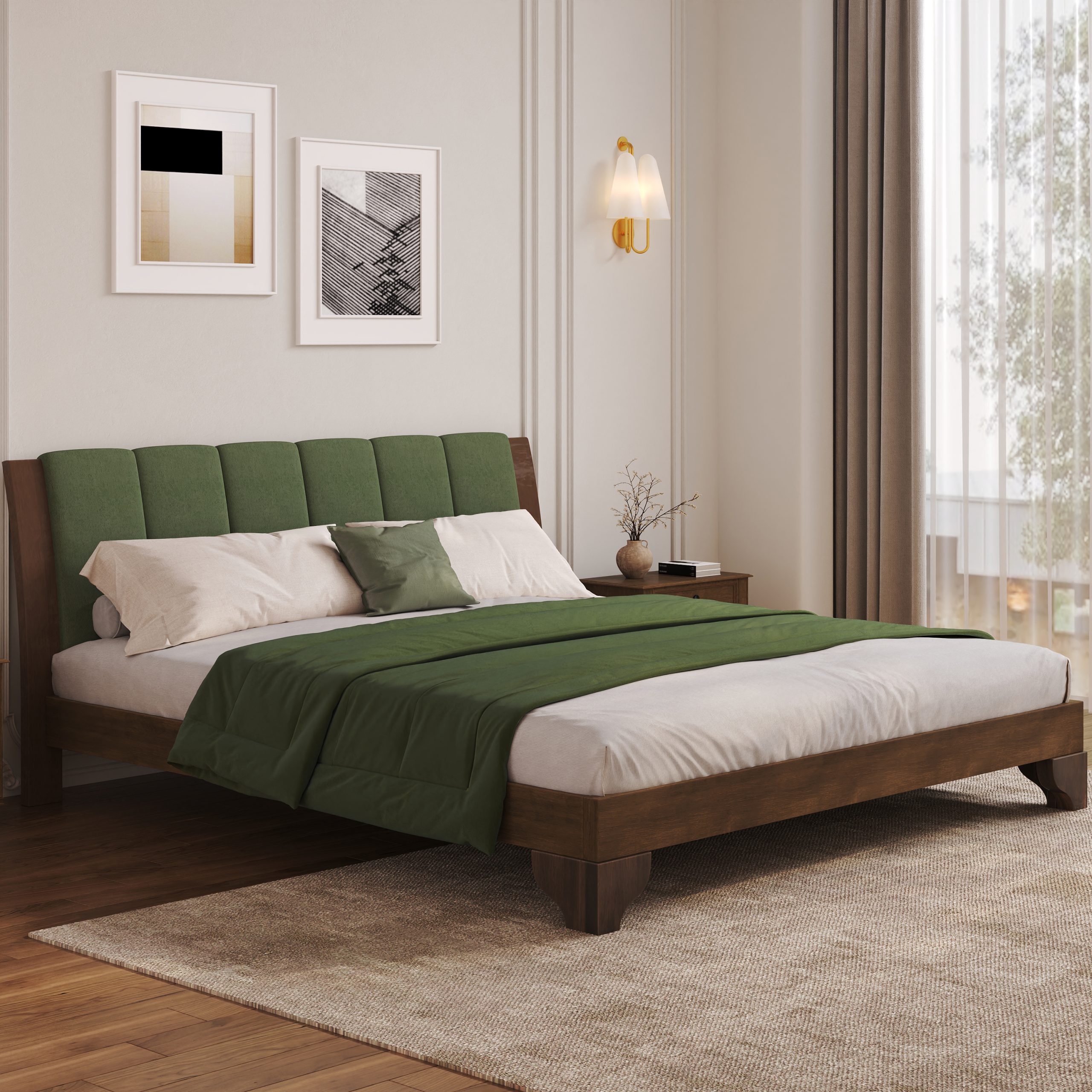 Premium Pine Wood King Bed Frame,King Size Bed Frame with Headboard Included,Mid Century Modern Bed,Walnut&Green Color - Image 1