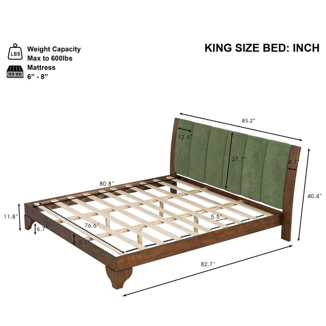 Premium Pine Wood King Bed Frame,King Size Bed Frame with Headboard Included,Mid Century Modern Bed,Walnut&Green Color - Image 2