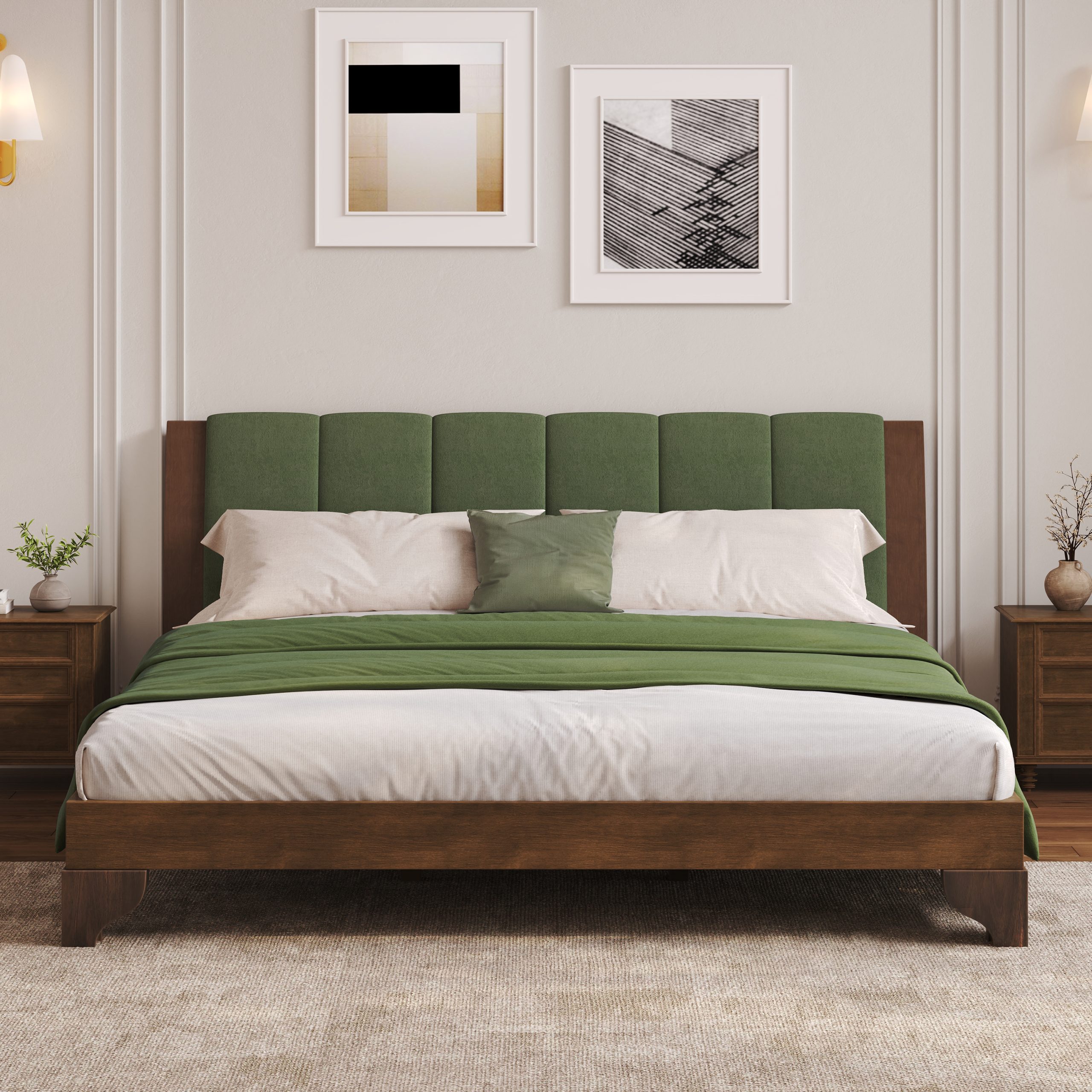Premium Pine Wood King Bed Frame,King Size Bed Frame with Headboard Included,Mid Century Modern Bed,Walnut&Green Color - Image 3