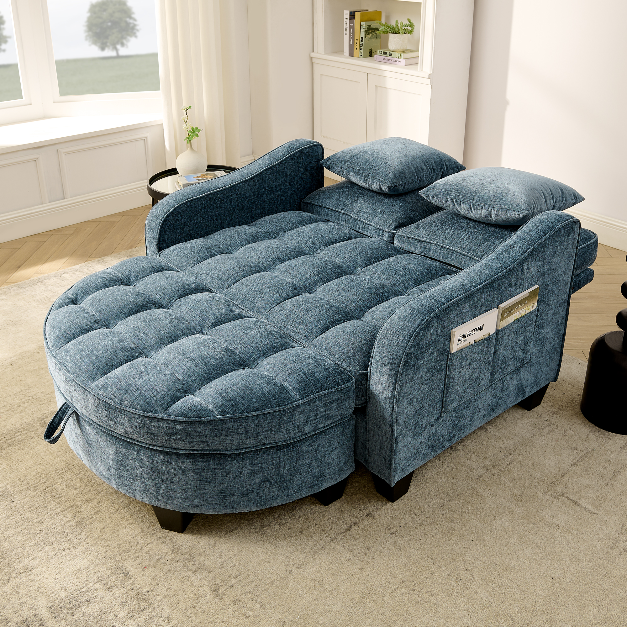Two-seater sofa, double sofa chaise longue, with irregular armrests and backrests, footrest with storage space, comes with two small throw pillows, suitable for living room and bedroom -Blue - Image 2