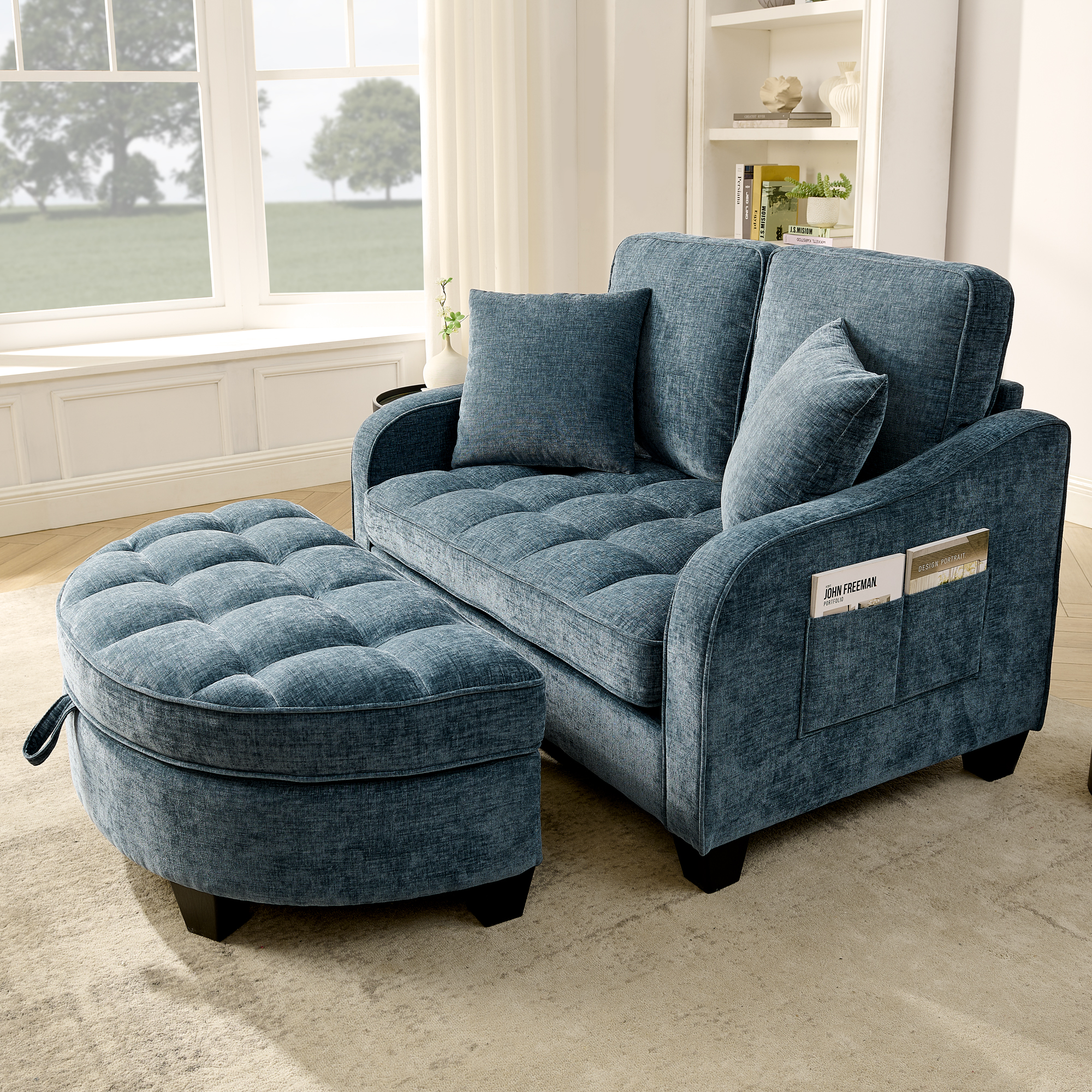 Two-seater sofa, double sofa chaise longue, with irregular armrests and backrests, footrest with storage space, comes with two small throw pillows, suitable for living room and bedroom -Blue - Image 3