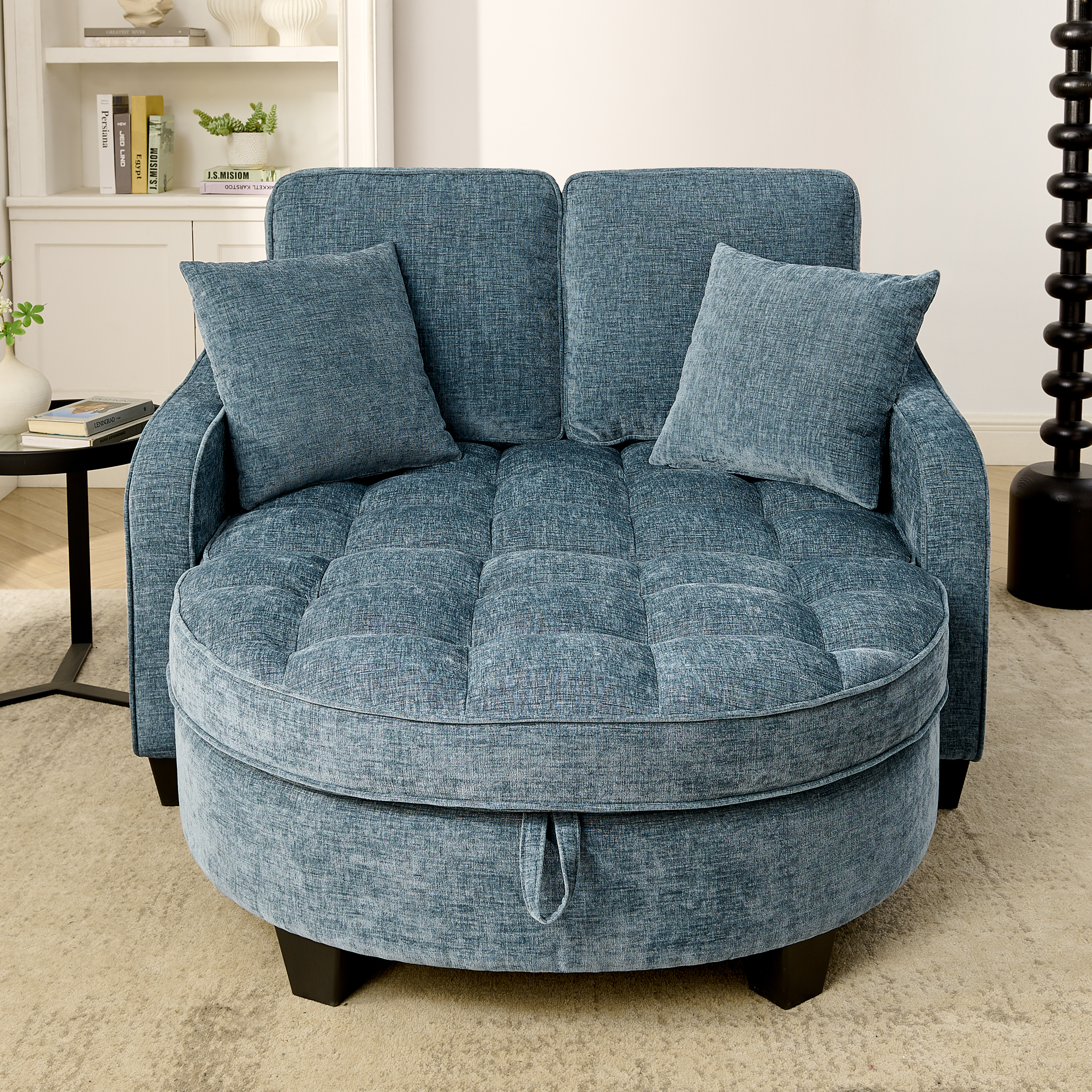 Two-seater sofa, double sofa chaise longue, with irregular armrests and backrests, footrest with storage space, comes with two small throw pillows, suitable for living room and bedroom -Blue - Image 4