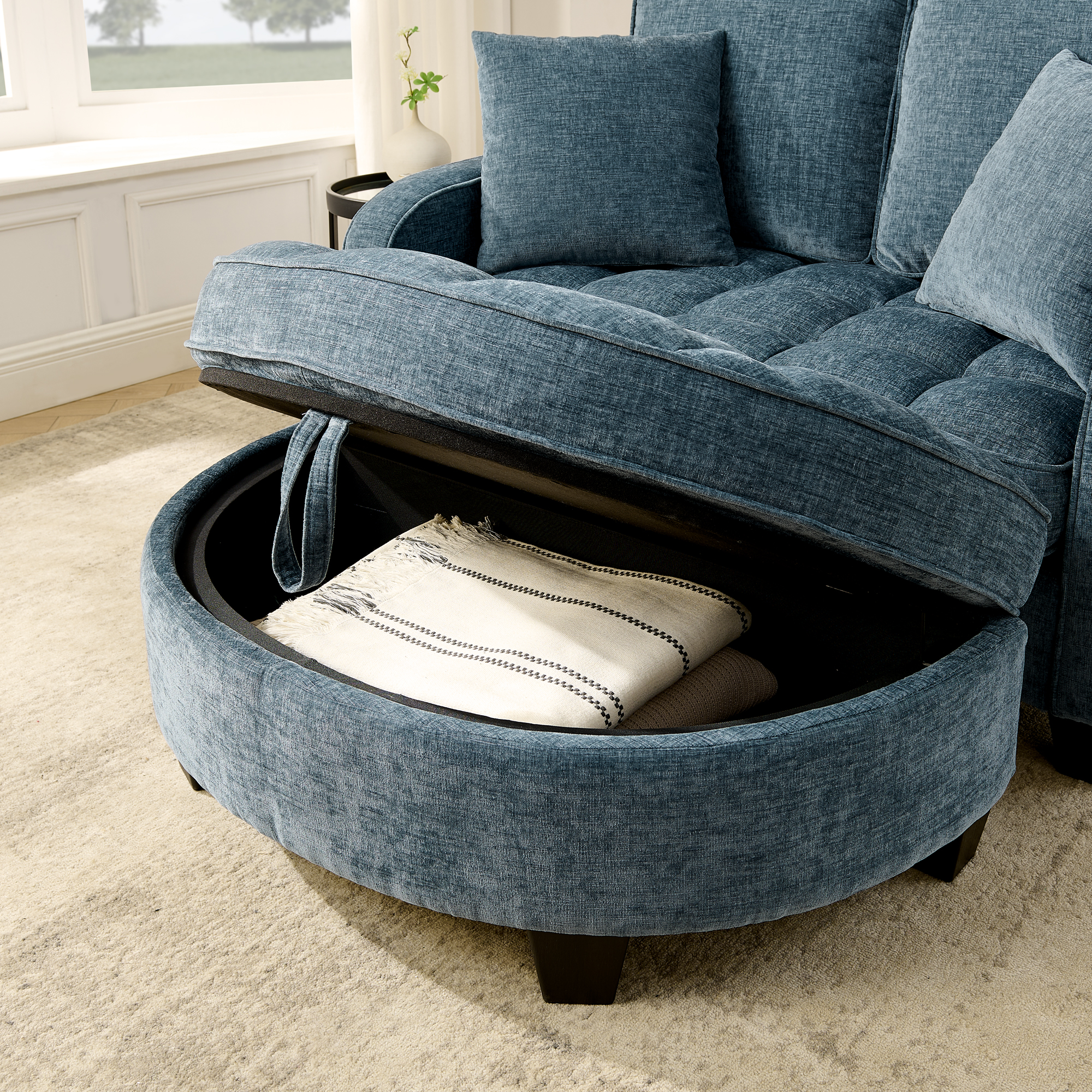 Two-seater sofa, double sofa chaise longue, with irregular armrests and backrests, footrest with storage space, comes with two small throw pillows, suitable for living room and bedroom -Blue - Image 5