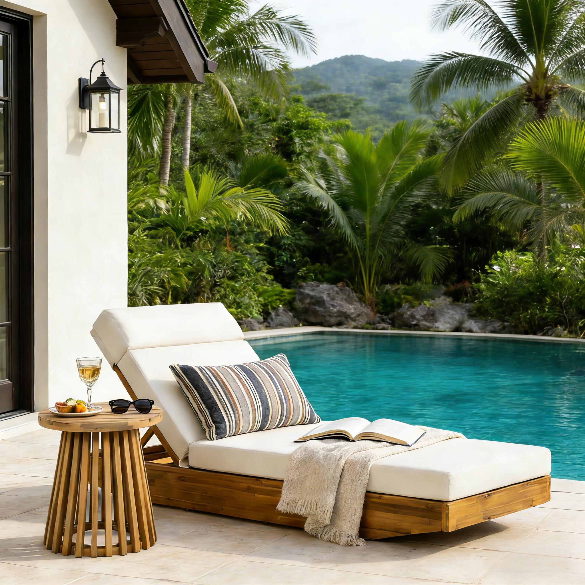 Modern Acacia Wood Outdoor Chaise Lounge with Cream Water-Repellent Cushion & Integrated Headrest, Adjustable & Foldable Design for Patio, Poolside, Garden - Image 4