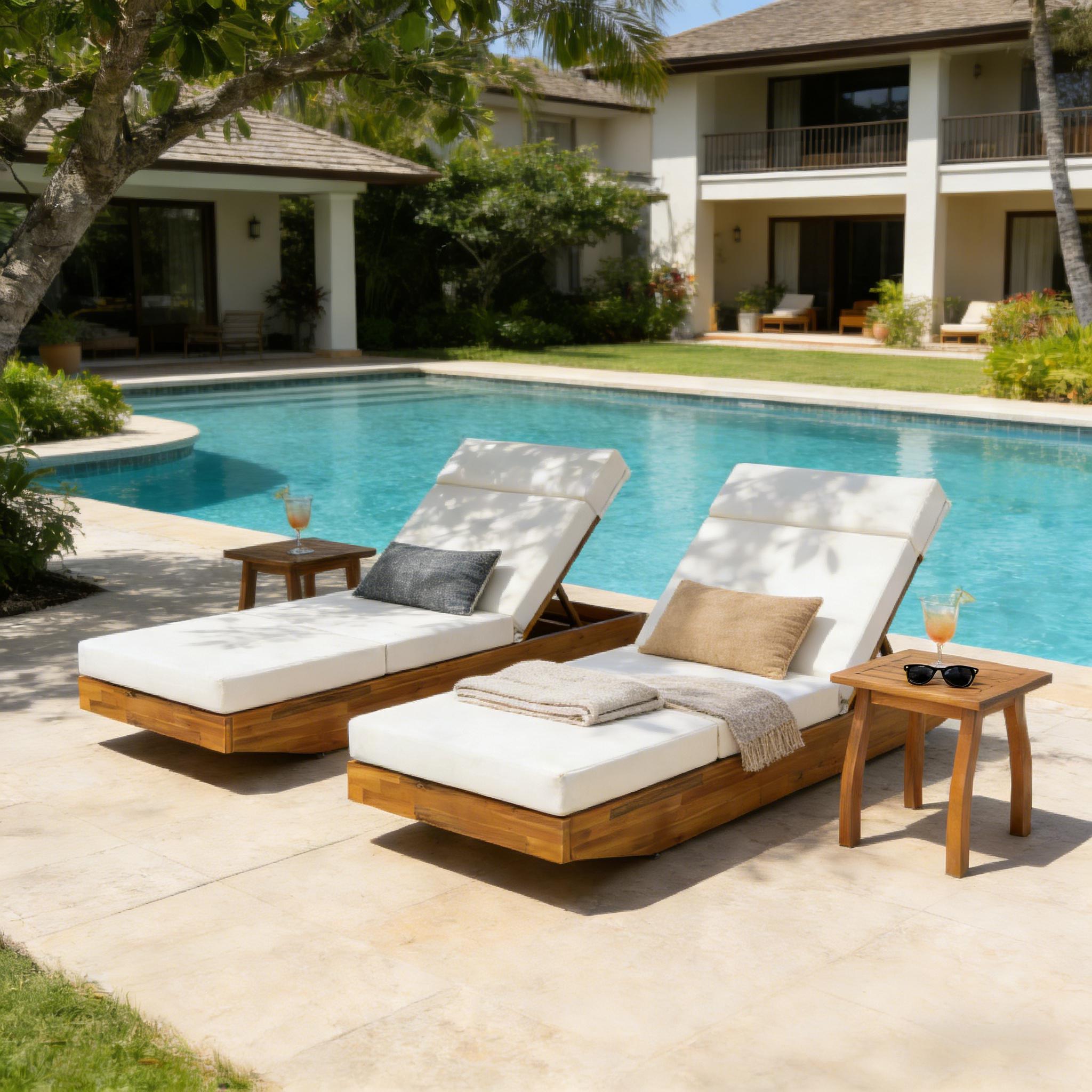 Modern Acacia Wood Outdoor Chaise Lounge with Cream Water-Repellent Cushion & Integrated Headrest, Adjustable & Foldable Design for Patio, Poolside, Garden - Image 5