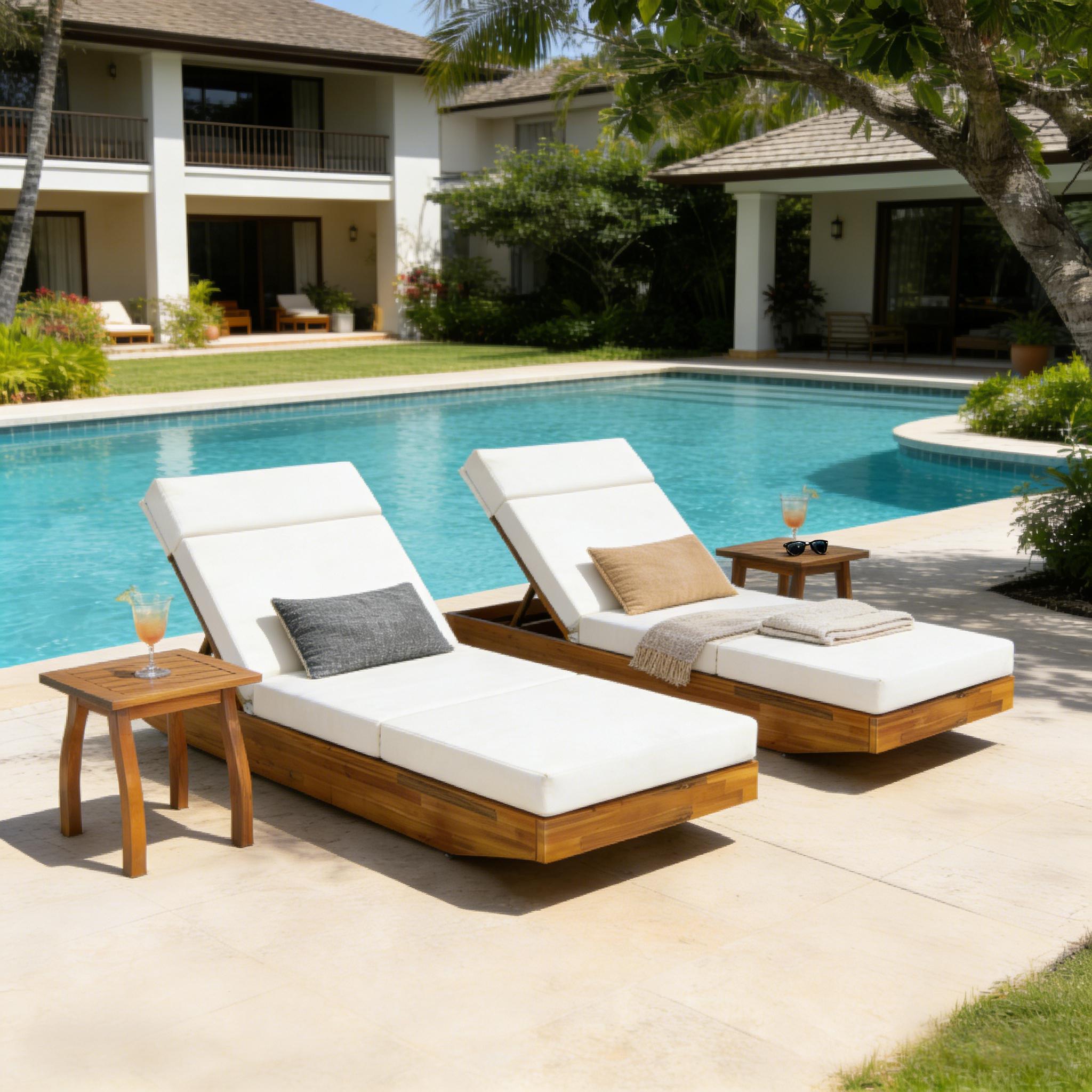 Modern Acacia Wood Outdoor Chaise Lounge with Cream Water-Repellent Cushion & Integrated Headrest, Adjustable & Foldable Design for Patio, Poolside, Garden - Image 6