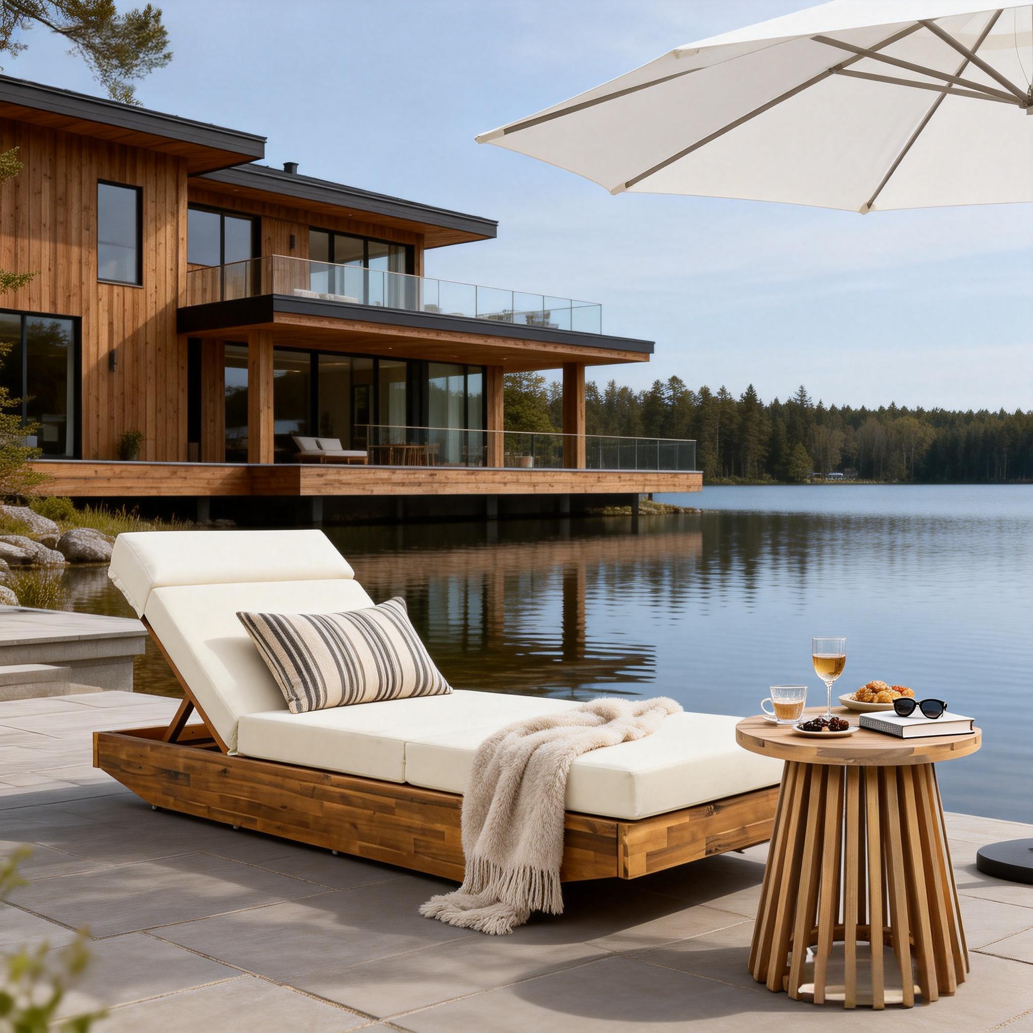 Modern Acacia Wood Outdoor Chaise Lounge with Beige Water-Repellent Cushion & Integrated Headrest, Adjustable & Foldable Design for Patio, Poolside, Garden - Image 4