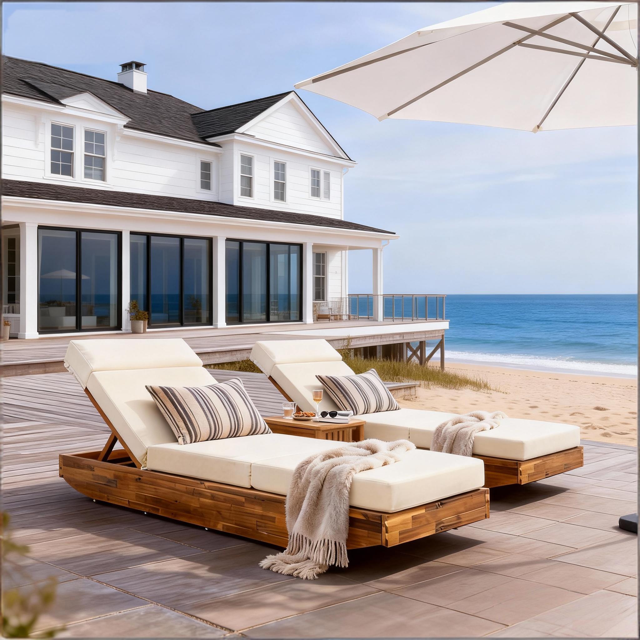 Modern Acacia Wood Outdoor Chaise Lounge with Beige Water-Repellent Cushion & Integrated Headrest, Adjustable & Foldable Design for Patio, Poolside, Garden - Image 6
