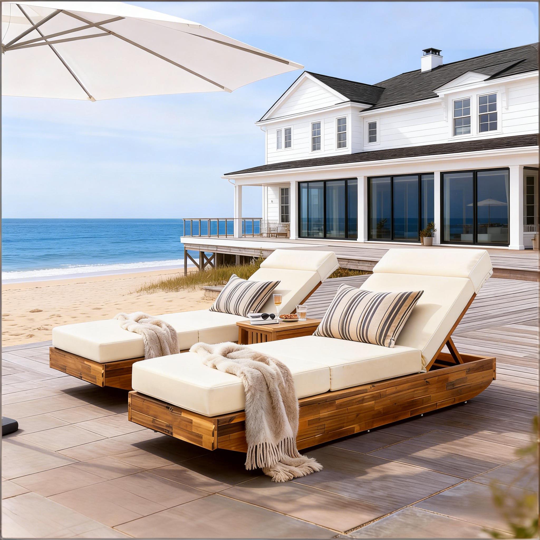 Modern Acacia Wood Outdoor Chaise Lounge with Beige Water-Repellent Cushion & Integrated Headrest, Adjustable & Foldable Design for Patio, Poolside, Garden - Image 5