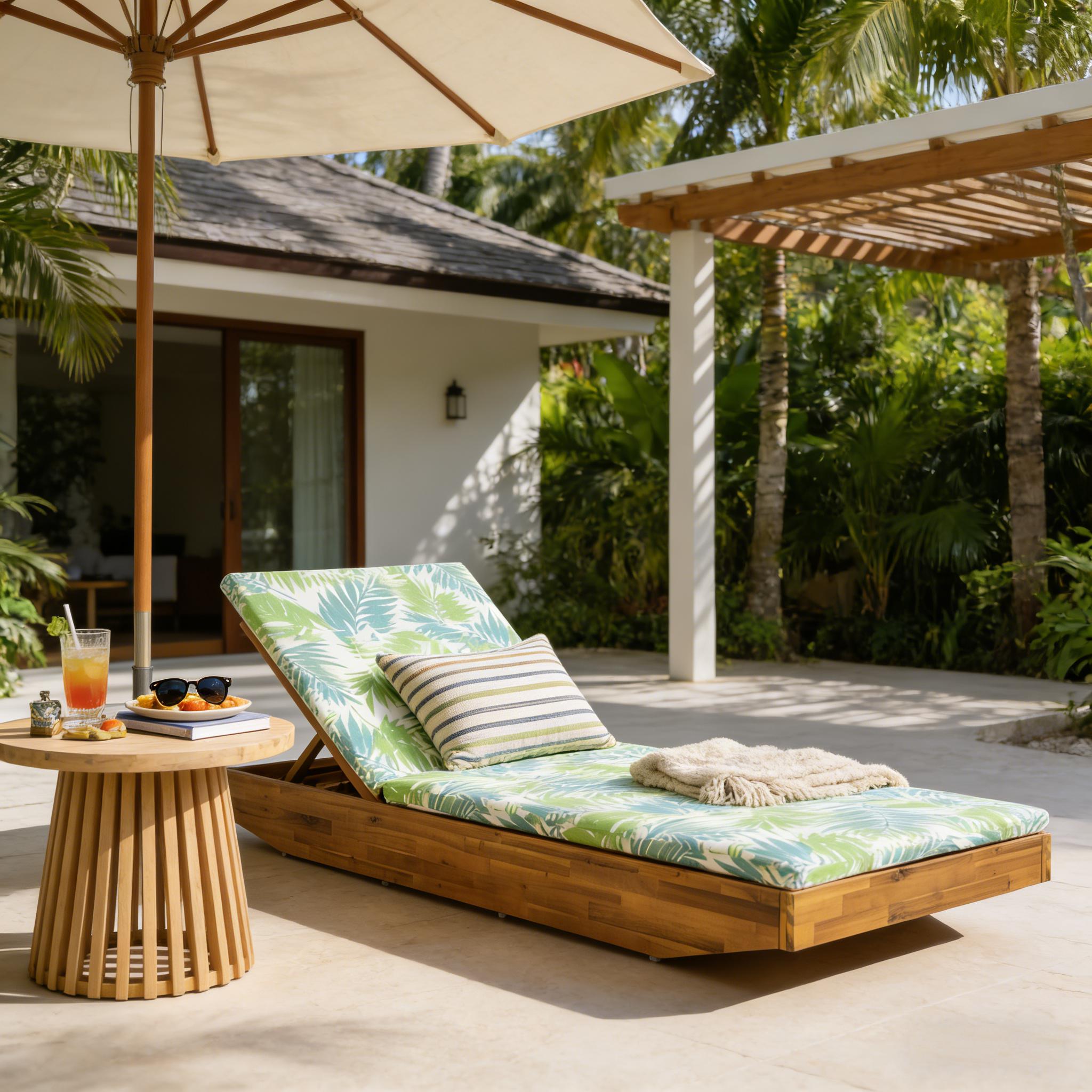 Acacia Wood Chaise Lounge with 2-Fold Thin Cushion - Teak Finish Outdoor Recliner with Leaf coconut Water-Repellent Cushion, 79.6" L x 29" W, 300 lbs - Image 4