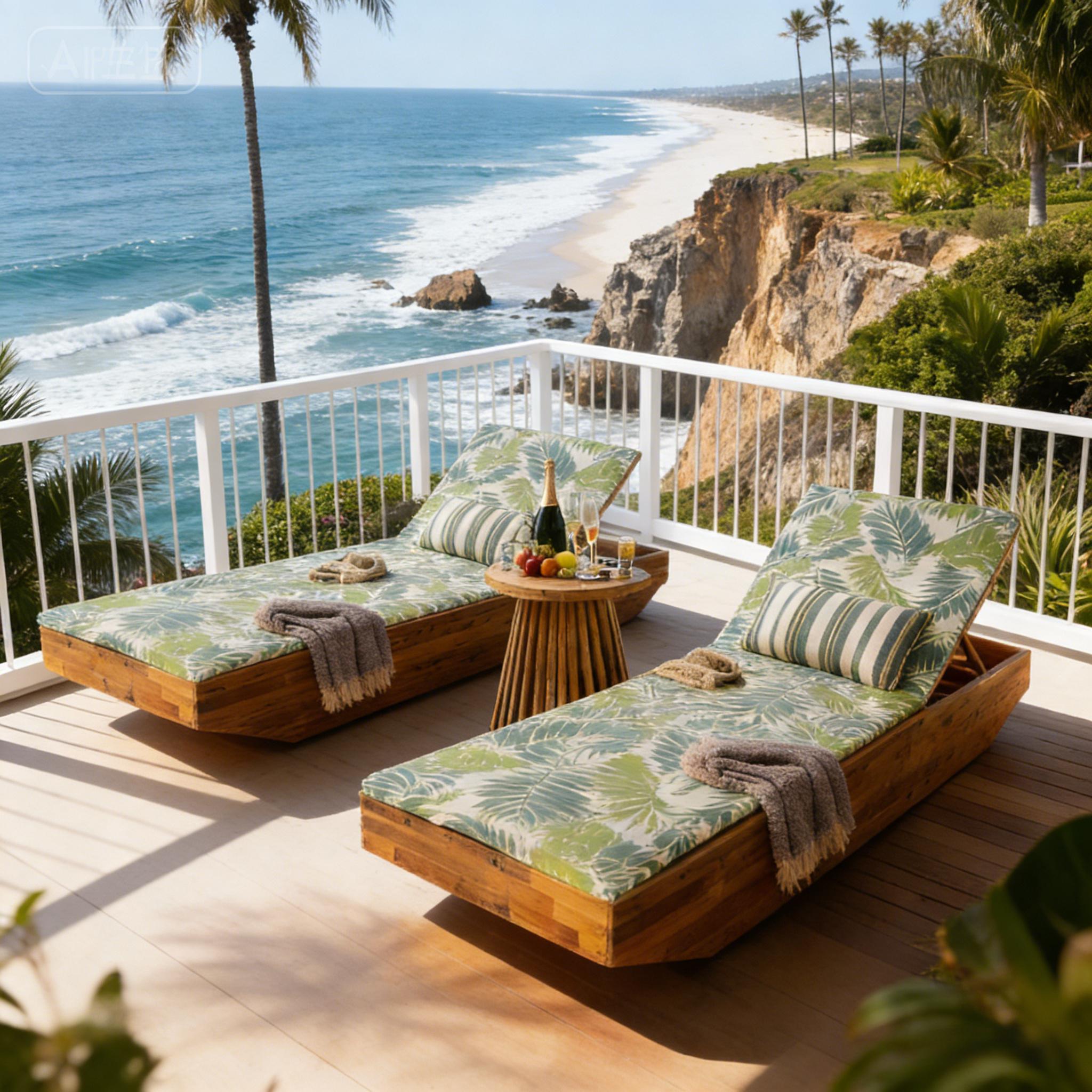 Acacia Wood Chaise Lounge with 2-Fold Thin Cushion - Teak Finish Outdoor Recliner with Leaf coconut Water-Repellent Cushion, 79.6" L x 29" W, 300 lbs - Image 5