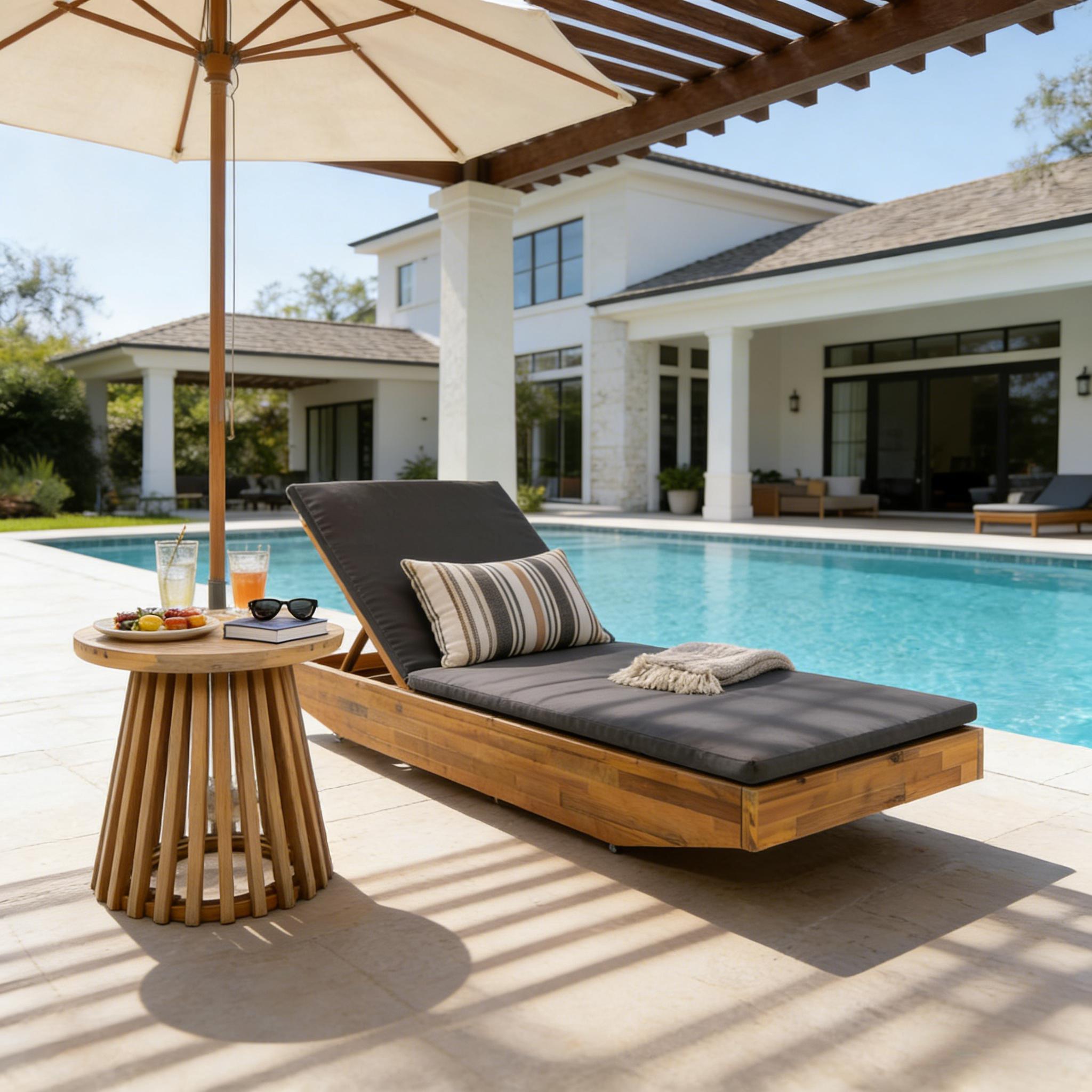 Acacia Wood Chaise Lounge with 2-Fold Thin Cushion - Teak Finish Outdoor Recliner with Dark Grey Water-Repellent Cushion, 79.6" L x 29" W, 300 lbs - Image 4