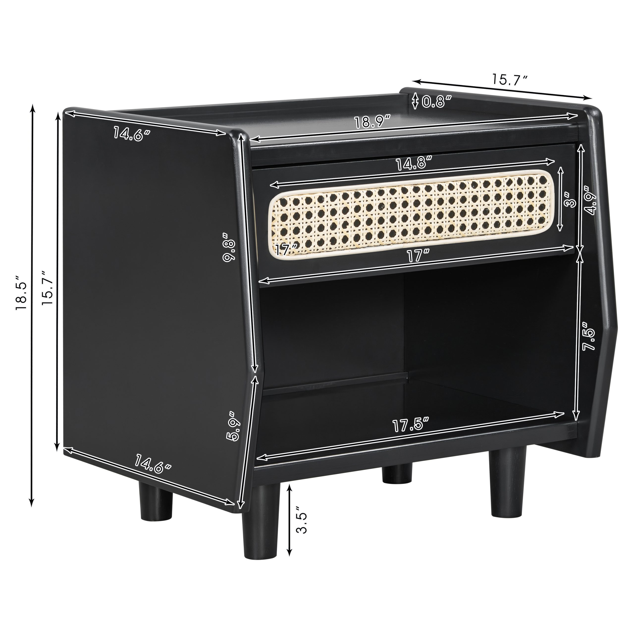 Black Nightstand with Rattan Detail, MDF + Solid Wood, Modern Bedroom Storage, Open Shelf & Drawer, Indoor Furniture - Image 2