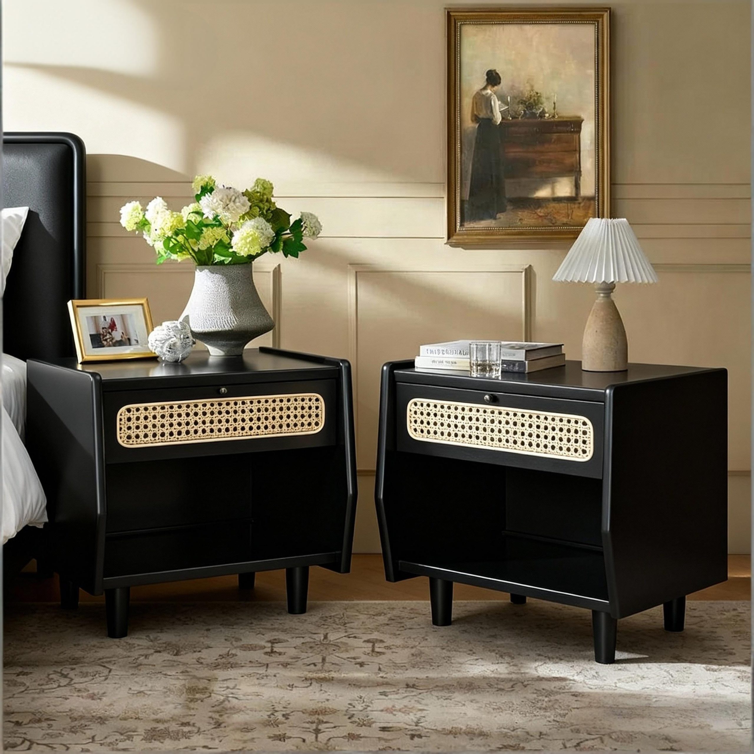 Black Nightstand with Rattan Detail, MDF + Solid Wood, Modern Bedroom Storage, Open Shelf & Drawer, Indoor Furniture - Image 3