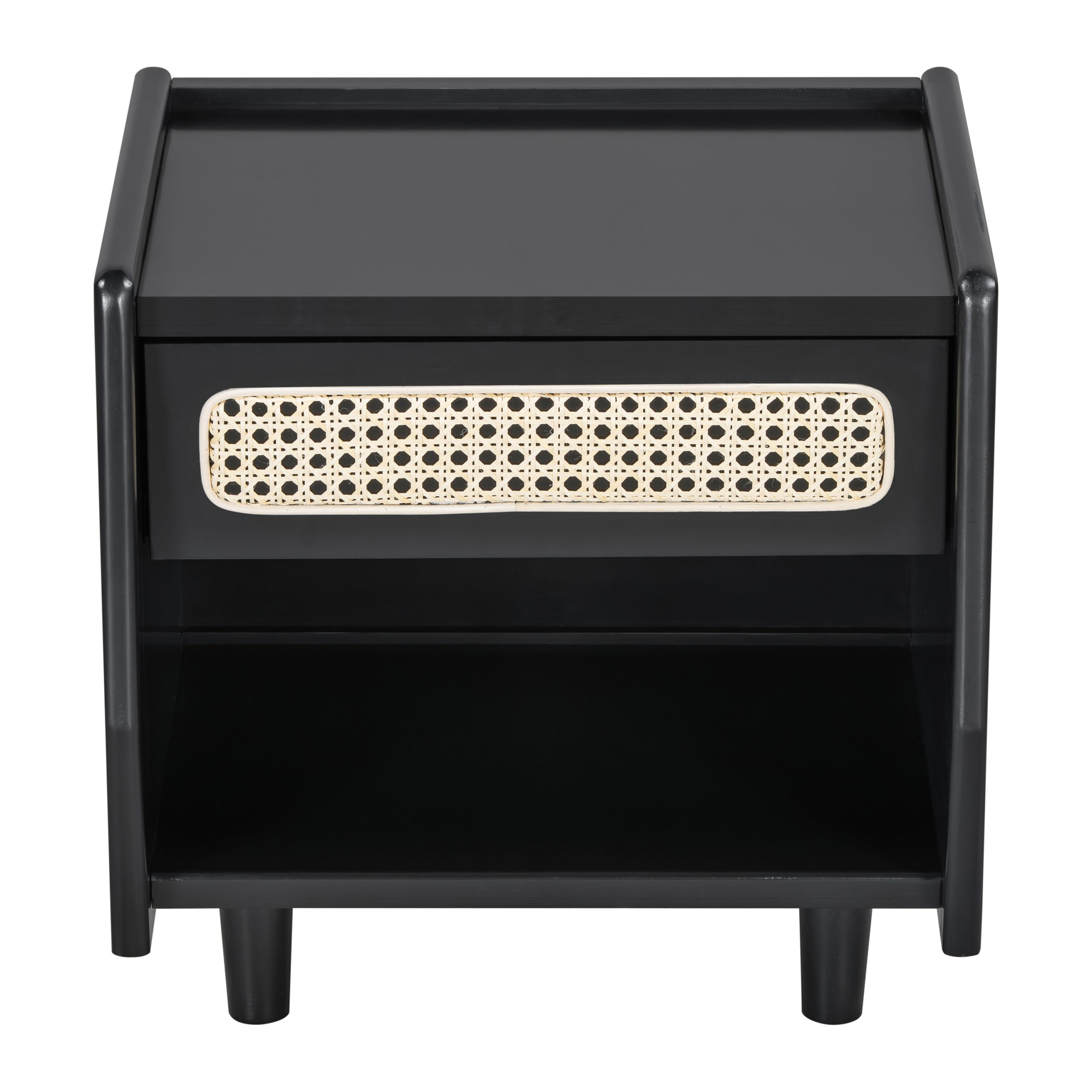 Black Nightstand with Rattan Detail, MDF + Solid Wood, Modern Bedroom Storage, Open Shelf & Drawer, Indoor Furniture - Image 4