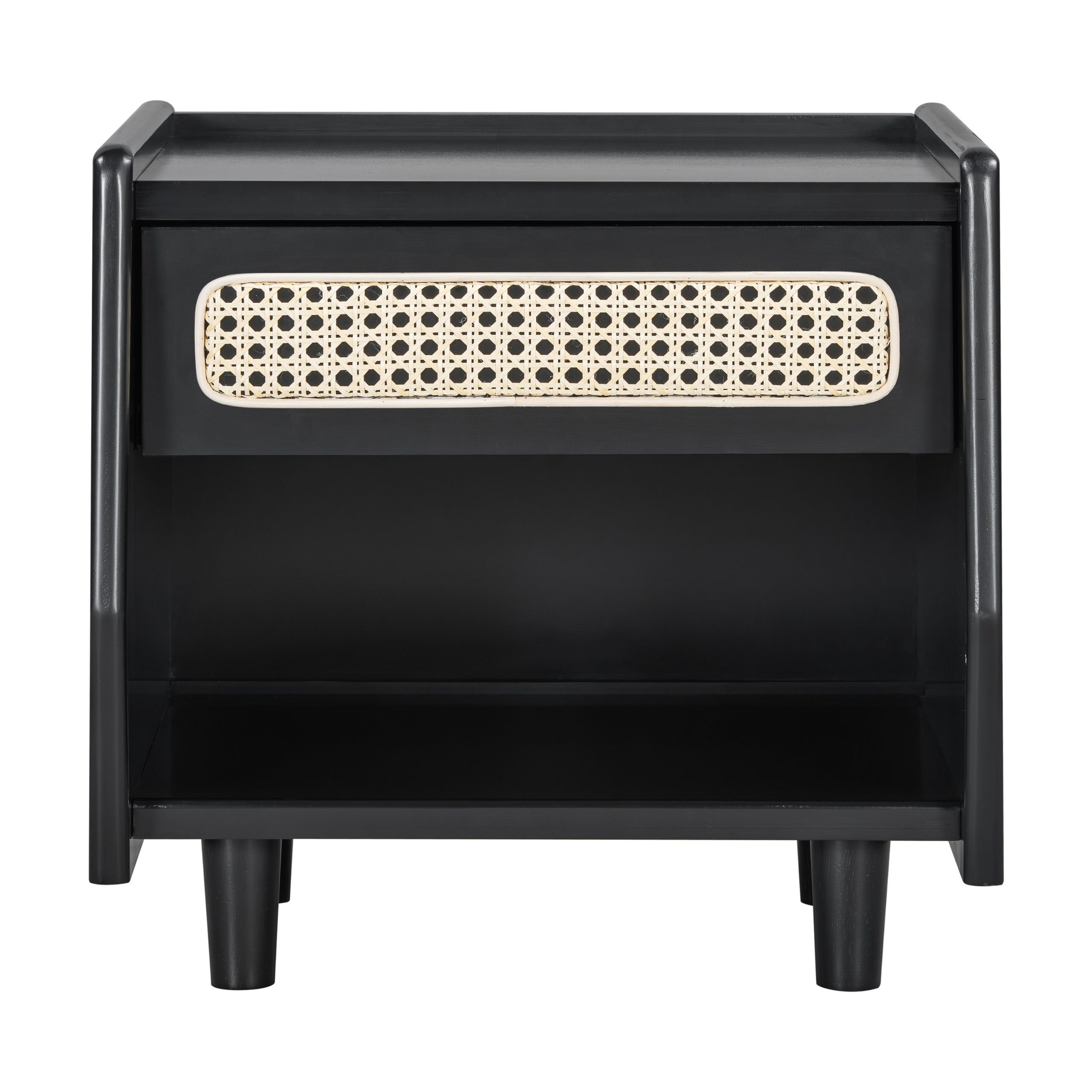 Black Nightstand with Rattan Detail, MDF + Solid Wood, Modern Bedroom Storage, Open Shelf & Drawer, Indoor Furniture - Image 5