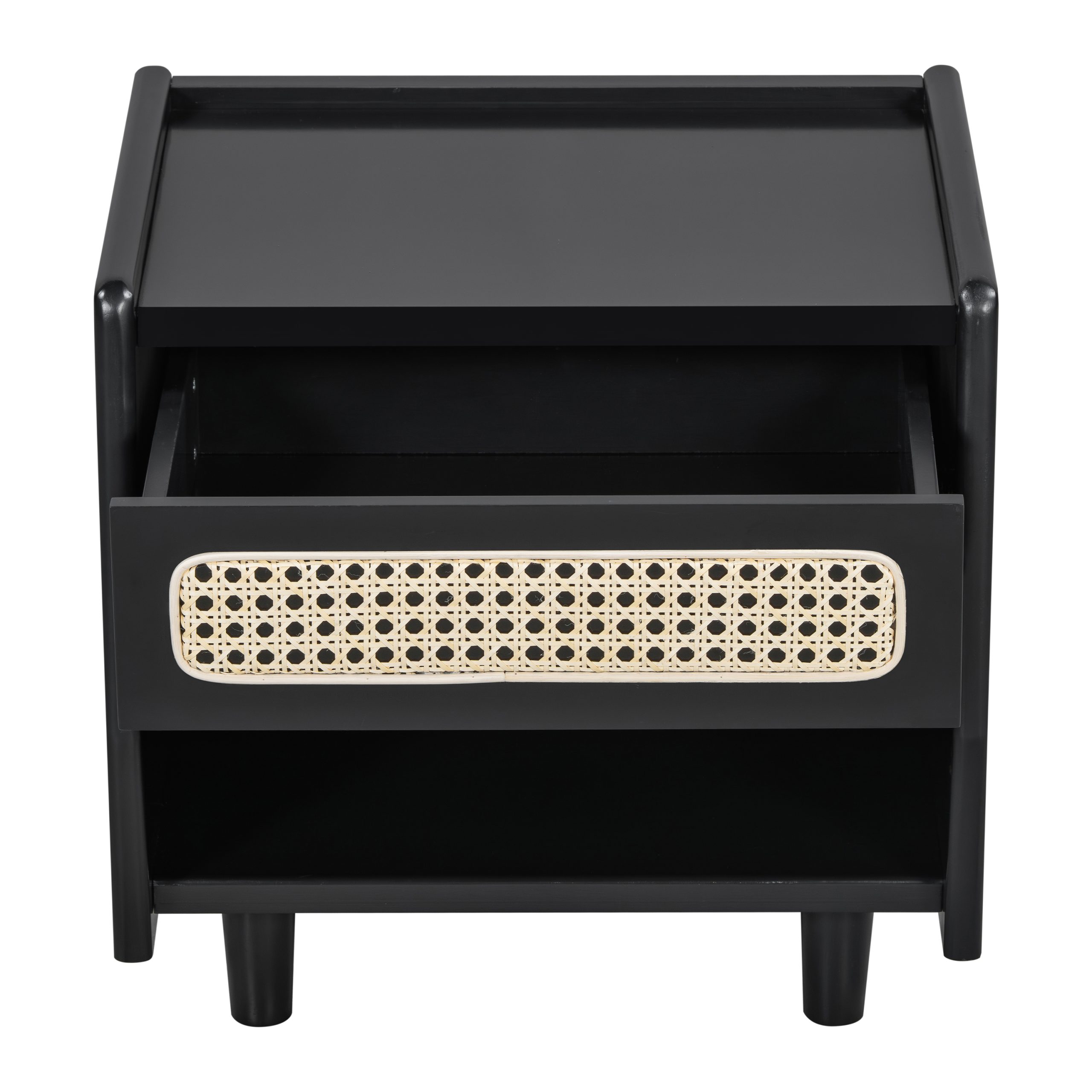 Black Nightstand with Rattan Detail, MDF + Solid Wood, Modern Bedroom Storage, Open Shelf & Drawer, Indoor Furniture - Image 6