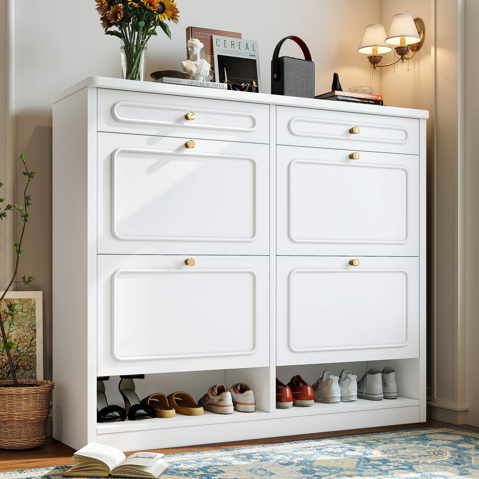 Wooden Shoe Cabinet with 4 Flip Drawers,Shoes Rack Cabinet with 2 Storage Drawers,Classified Storage and Farmhouse Style, White - Image 2