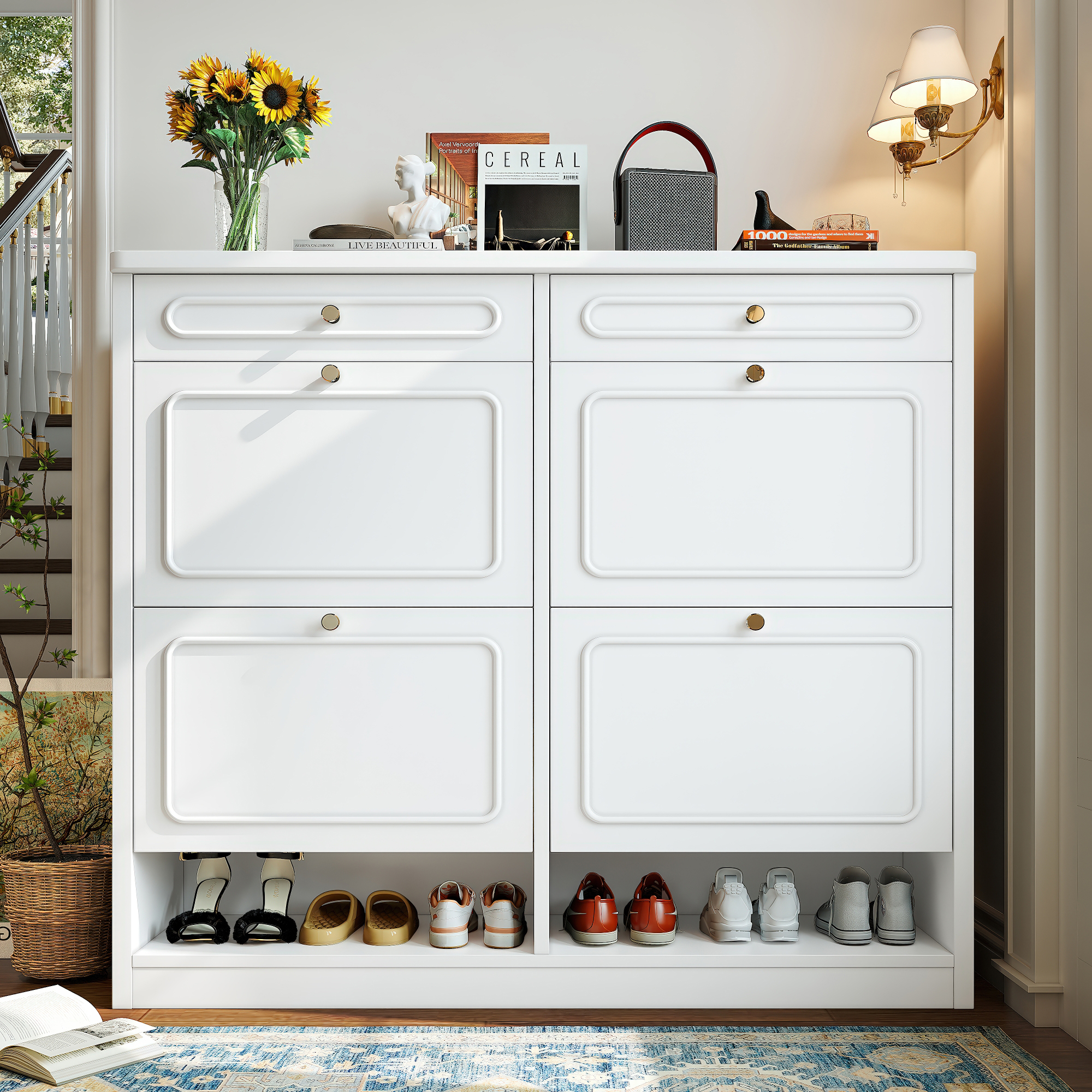 Wooden Shoe Cabinet with 4 Flip Drawers,Shoes Rack Cabinet with 2 Storage Drawers,Classified Storage and Farmhouse Style, White - Image 3