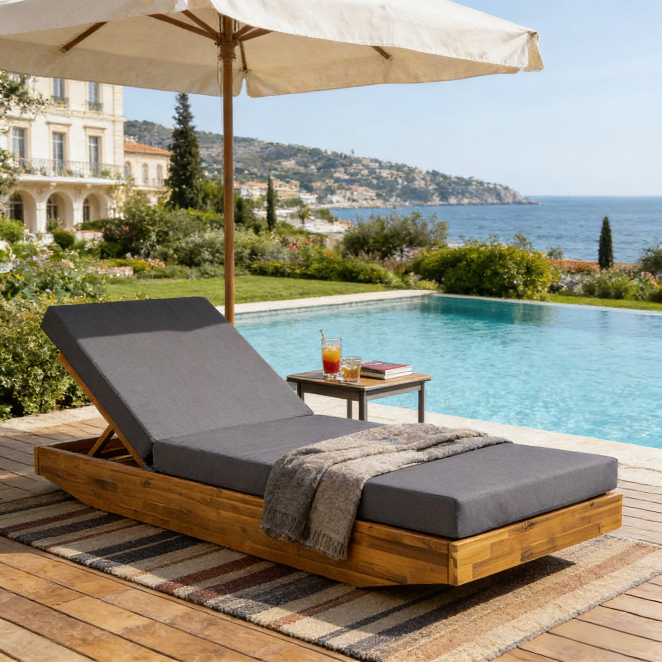 Acacia Wood Chaise Lounge with Cushion - Teak Finish Outdoor Recliner with Dark Grey 3-Fold Water-Repellent Cushion, 300lbs Capacity - Image 4