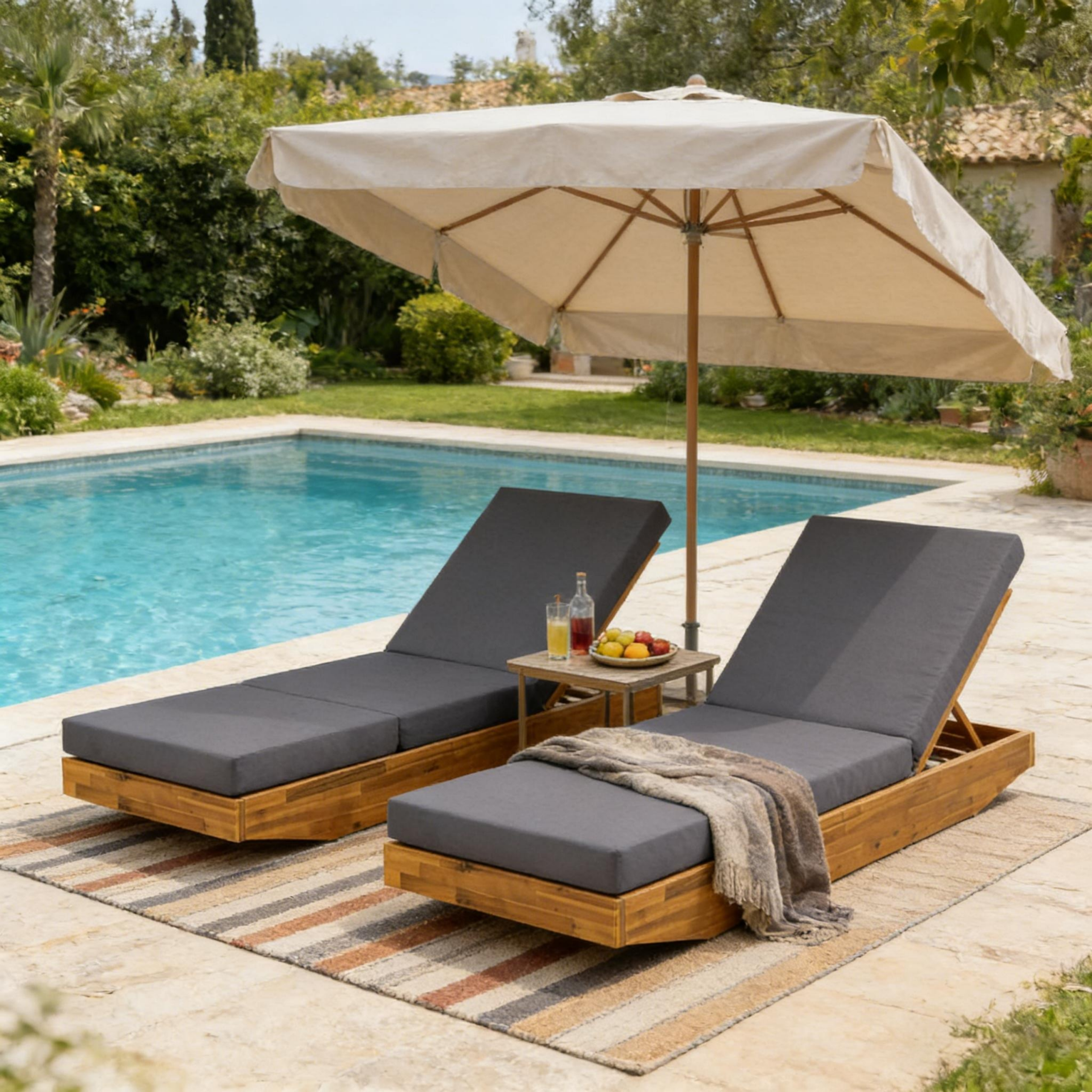 Acacia Wood Chaise Lounge with Cushion - Teak Finish Outdoor Recliner with Dark Grey 3-Fold Water-Repellent Cushion, 300lbs Capacity - Image 5