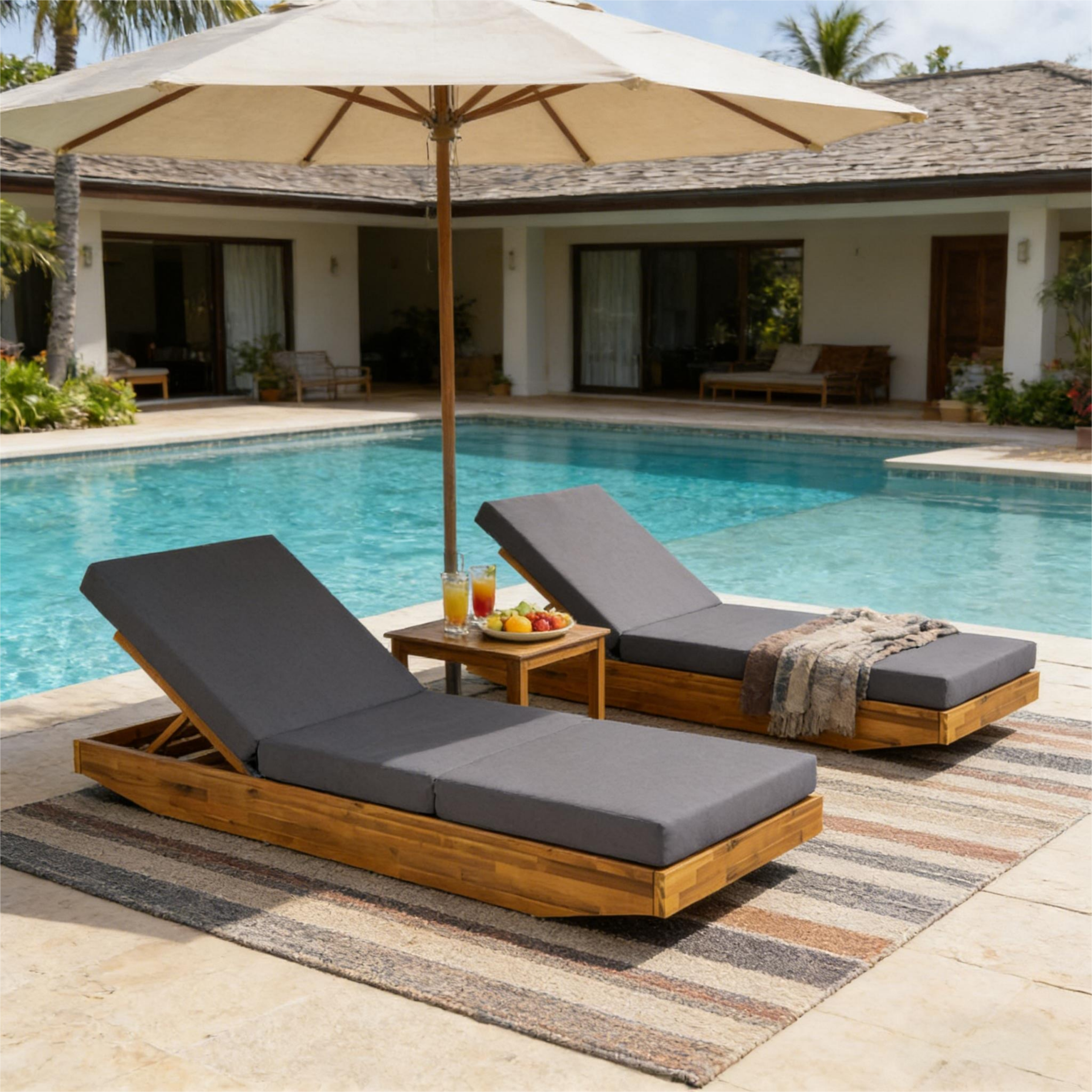 Acacia Wood Chaise Lounge with Cushion - Teak Finish Outdoor Recliner with Dark Grey 3-Fold Water-Repellent Cushion, 300lbs Capacity - Image 6